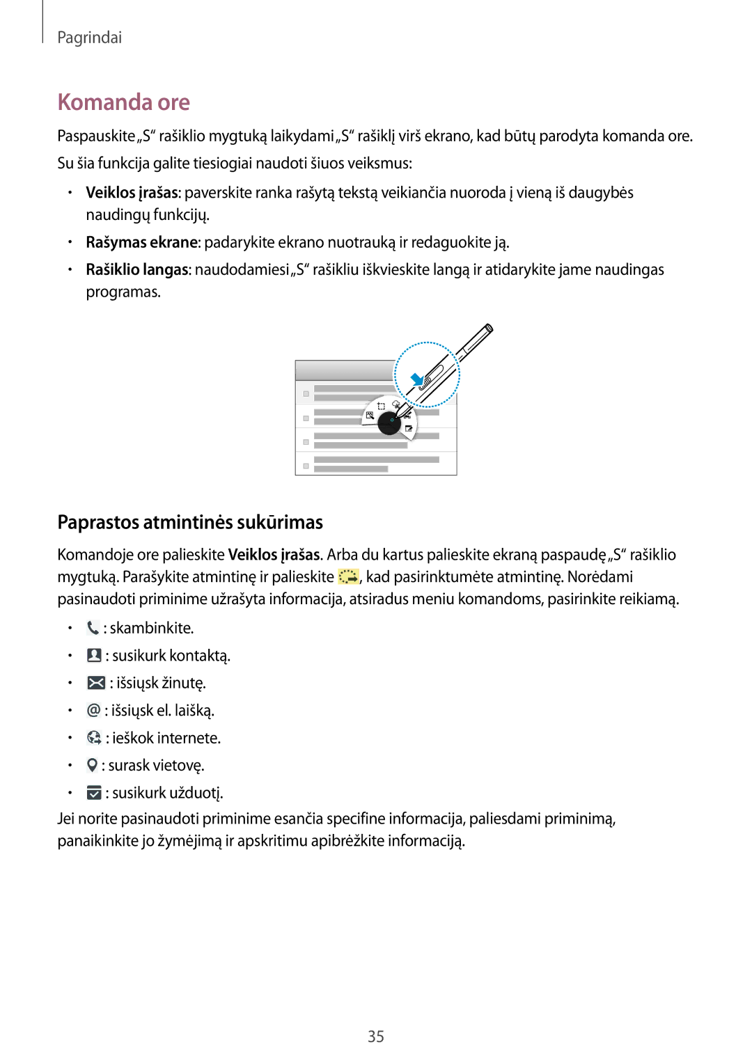 Samsung SM-P9050ZWASEB, SM-P9050ZKASEB manual Komanda ore, Paprastos atmintinės sukūrimas 