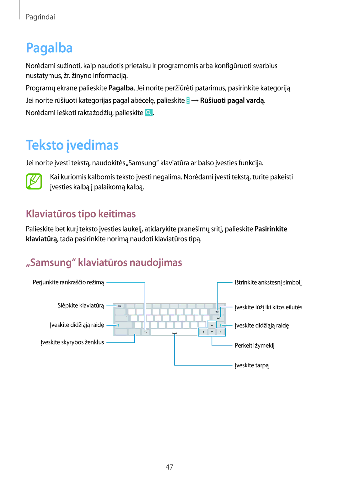 Samsung SM-P9050ZWASEB manual Pagalba, Teksto įvedimas, Klaviatūros tipo keitimas, „Samsung klaviatūros naudojimas 