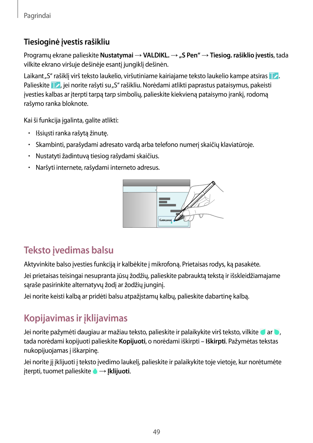 Samsung SM-P9050ZWASEB, SM-P9050ZKASEB manual Teksto įvedimas balsu, Kopijavimas ir įklijavimas, Tiesioginė įvestis rašikliu 