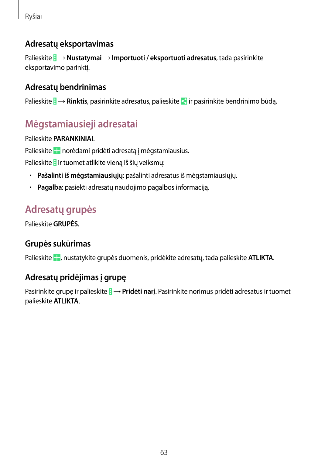 Samsung SM-P9050ZWASEB, SM-P9050ZKASEB manual Mėgstamiausieji adresatai, Adresatų grupės 