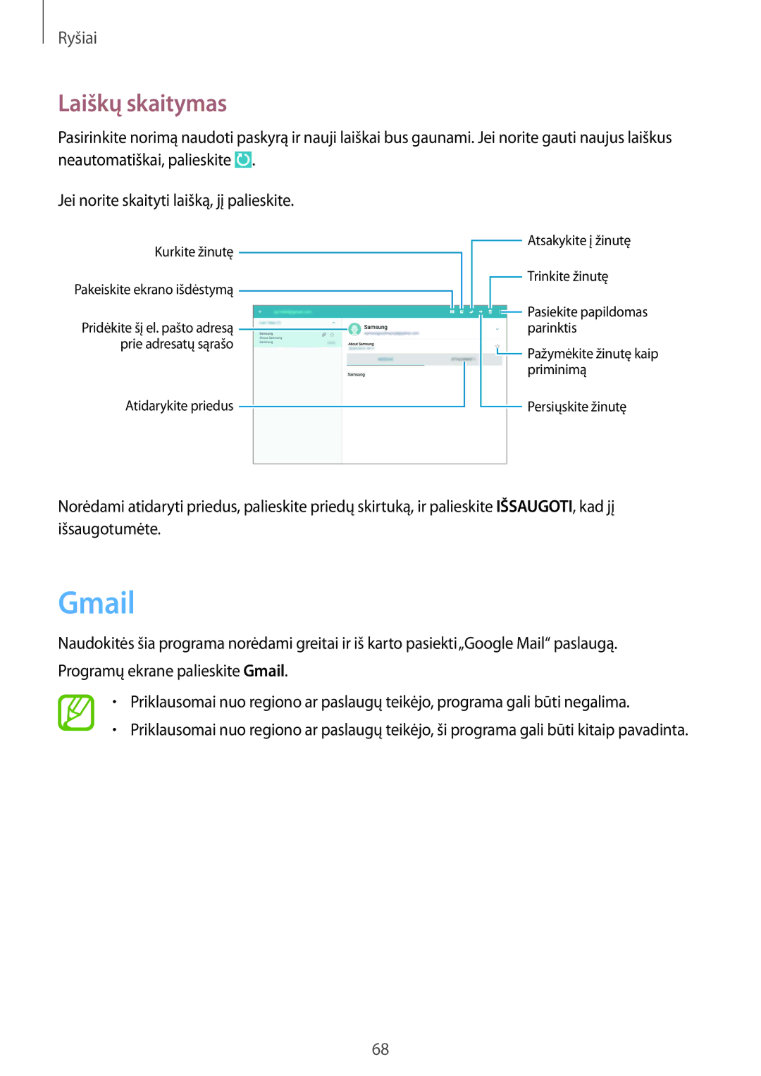 Samsung SM-P9050ZKASEB, SM-P9050ZWASEB manual Gmail, Laiškų skaitymas 