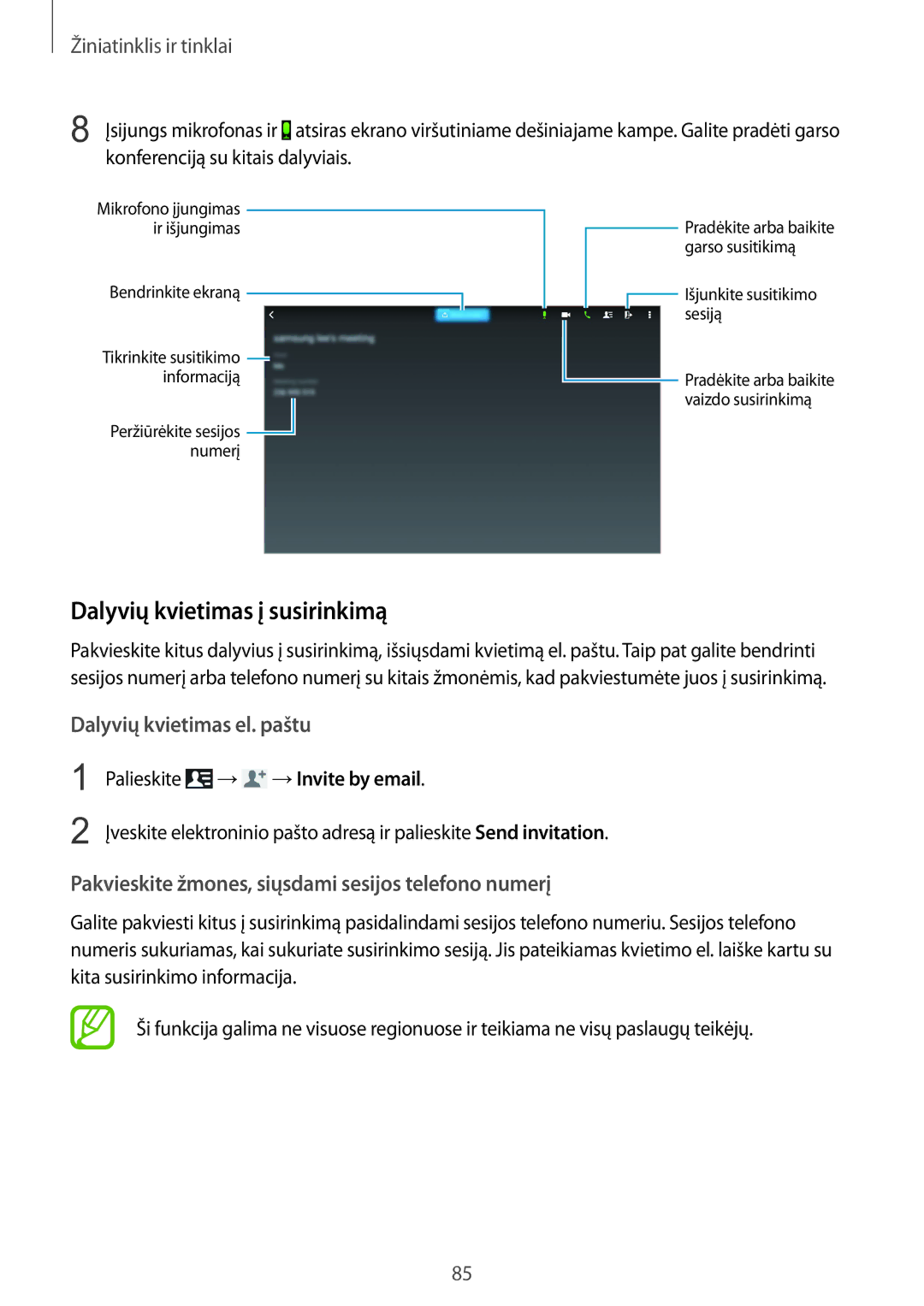 Samsung SM-P9050ZWASEB, SM-P9050ZKASEB manual Dalyvių kvietimas į susirinkimą, Palieskite → →Invite by email 