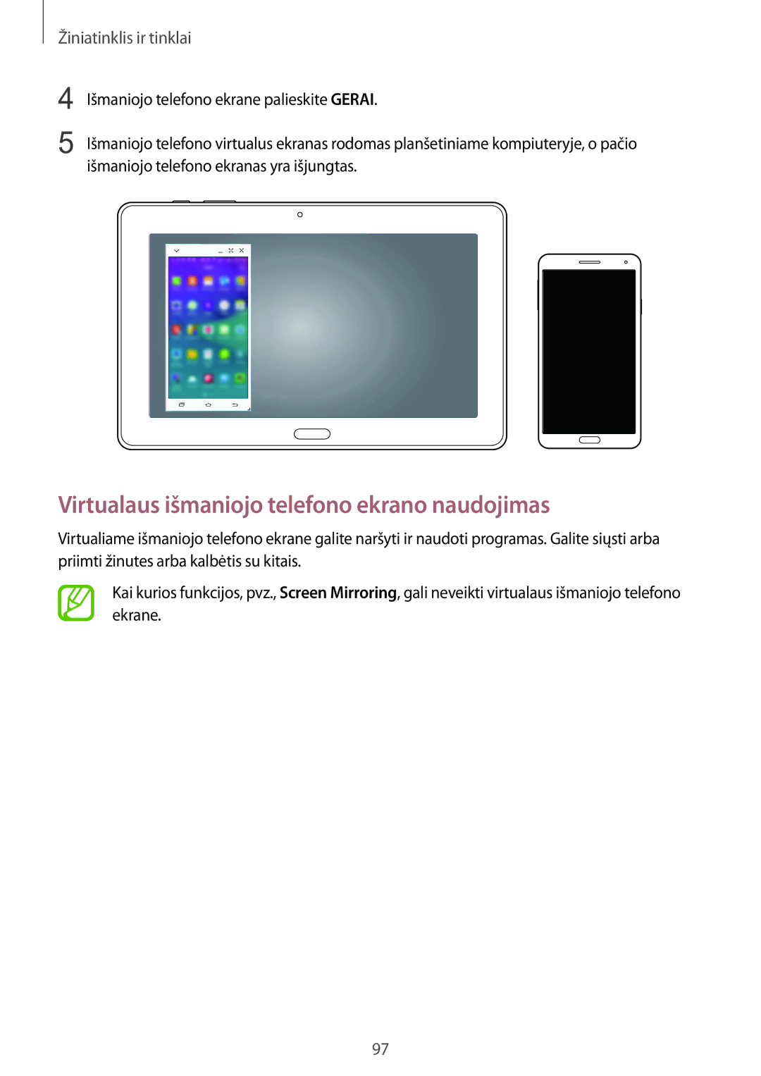 Samsung SM-P9050ZWASEB, SM-P9050ZKASEB manual Virtualaus išmaniojo telefono ekrano naudojimas 