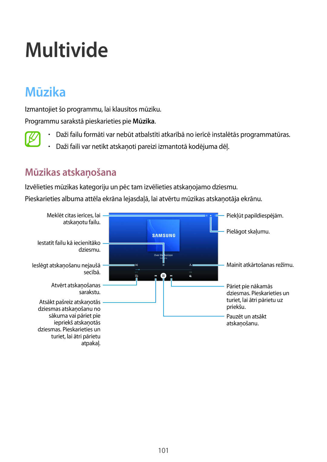 Samsung SM-P9050ZWASEB, SM-P9050ZKASEB manual Mūzikas atskaņošana 