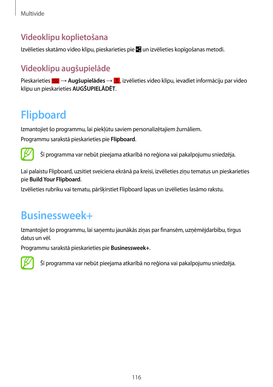 Samsung SM-P9050ZKASEB, SM-P9050ZWASEB manual Flipboard, Businessweek+, Videoklipu augšupielāde 