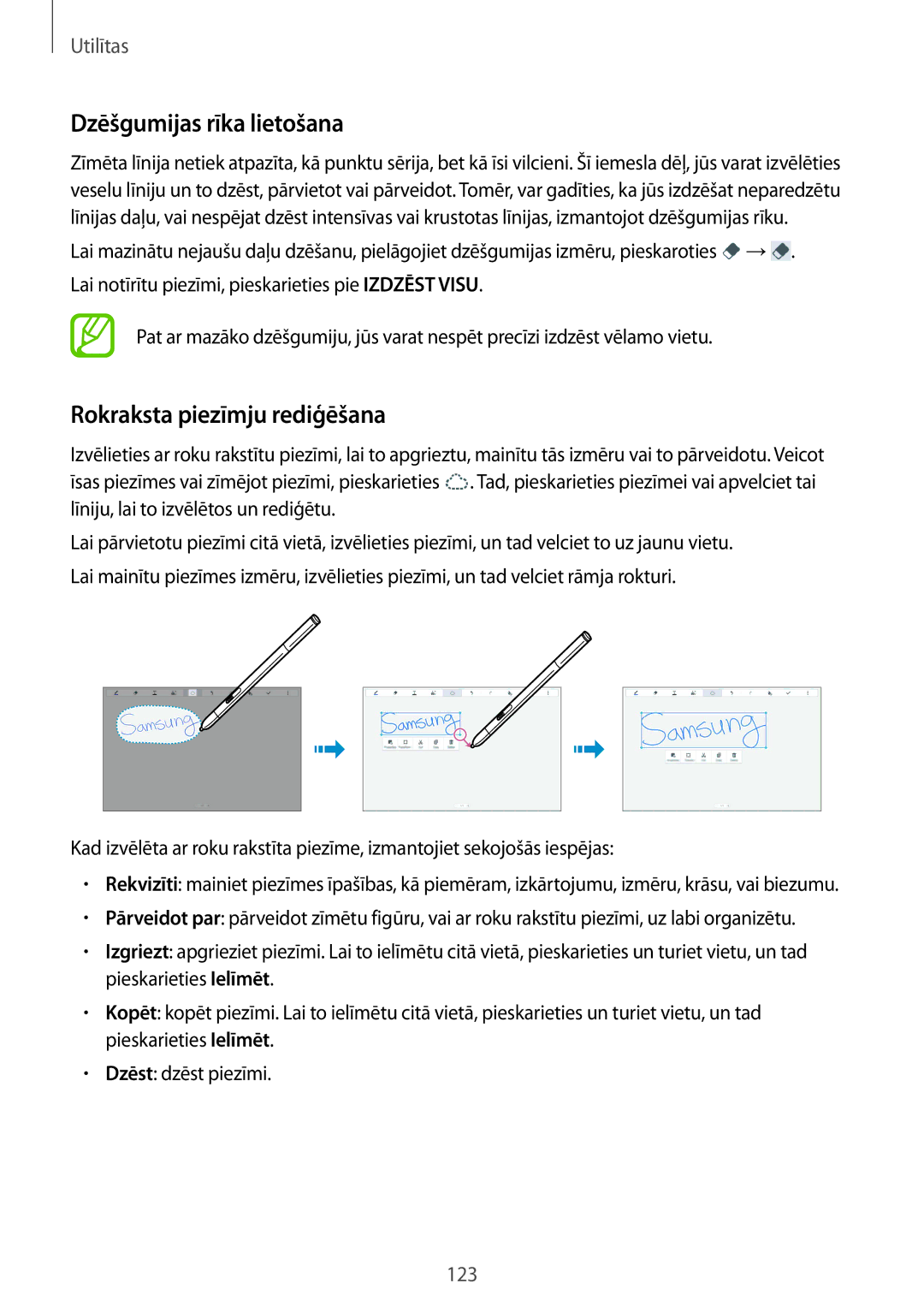 Samsung SM-P9050ZWASEB, SM-P9050ZKASEB manual Dzēšgumijas rīka lietošana, Rokraksta piezīmju rediģēšana 