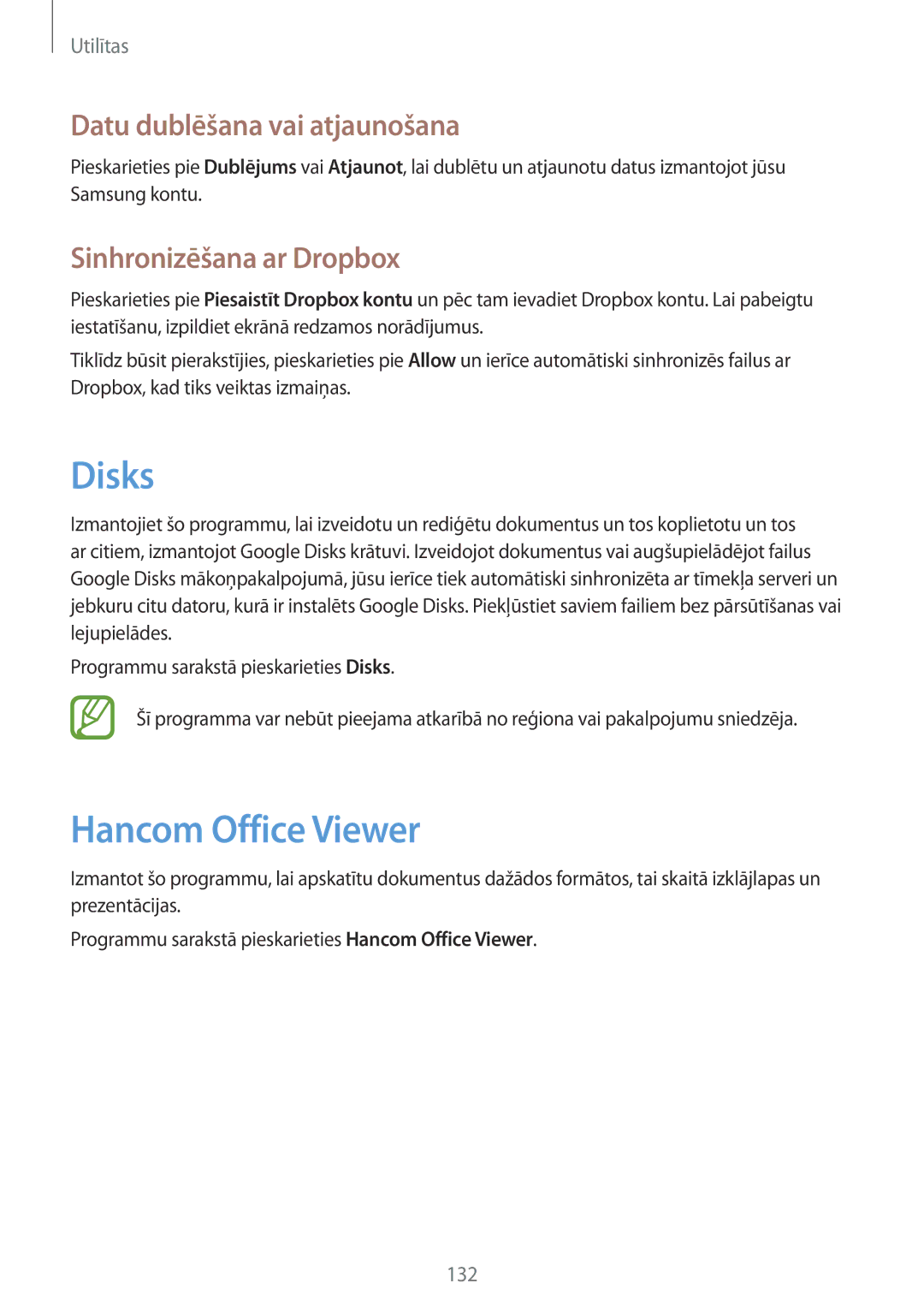 Samsung SM-P9050ZKASEB manual Disks, Hancom Office Viewer, Datu dublēšana vai atjaunošana, Sinhronizēšana ar Dropbox 