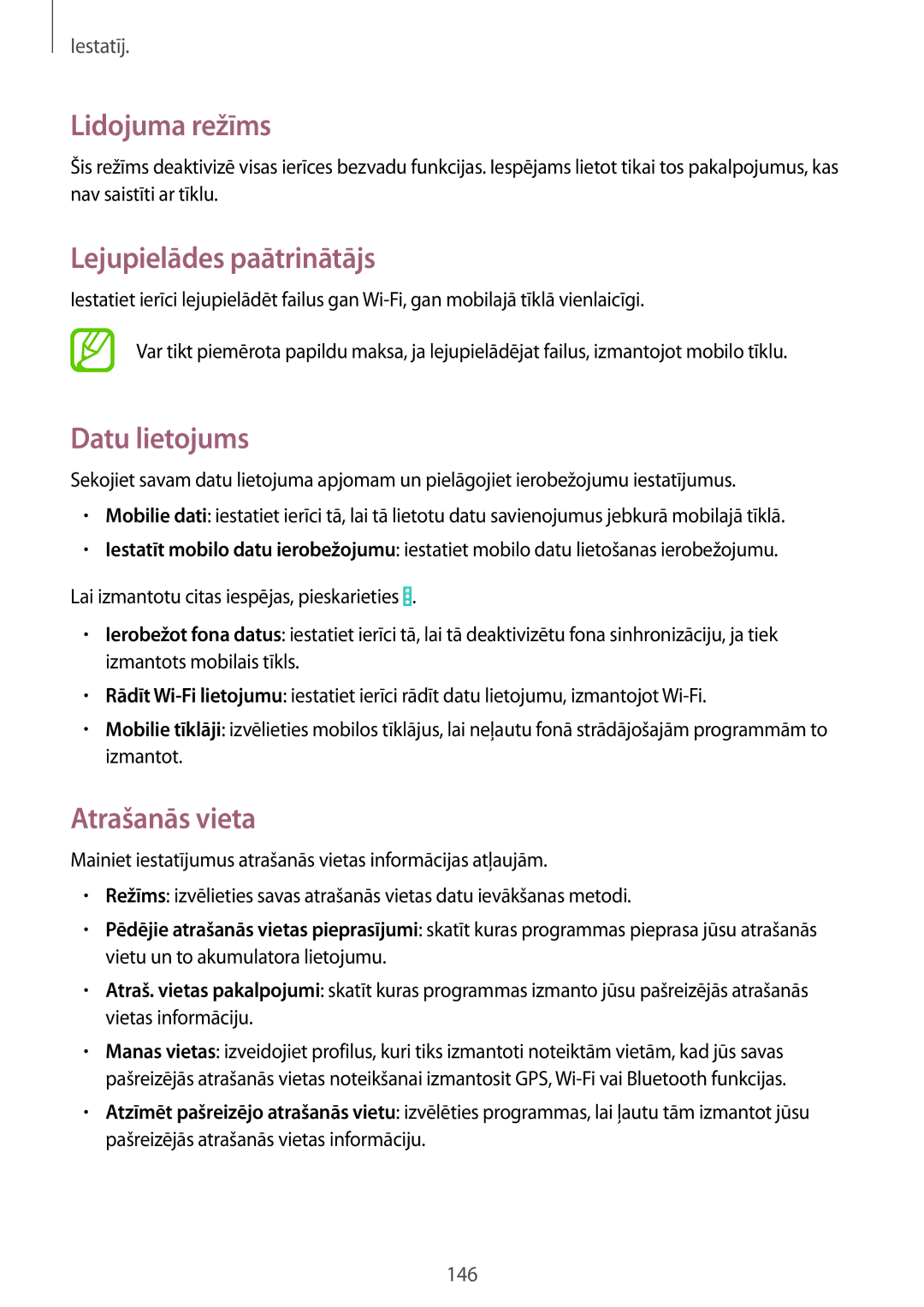 Samsung SM-P9050ZKASEB, SM-P9050ZWASEB manual Lidojuma režīms, Lejupielādes paātrinātājs, Datu lietojums, Atrašanās vieta 