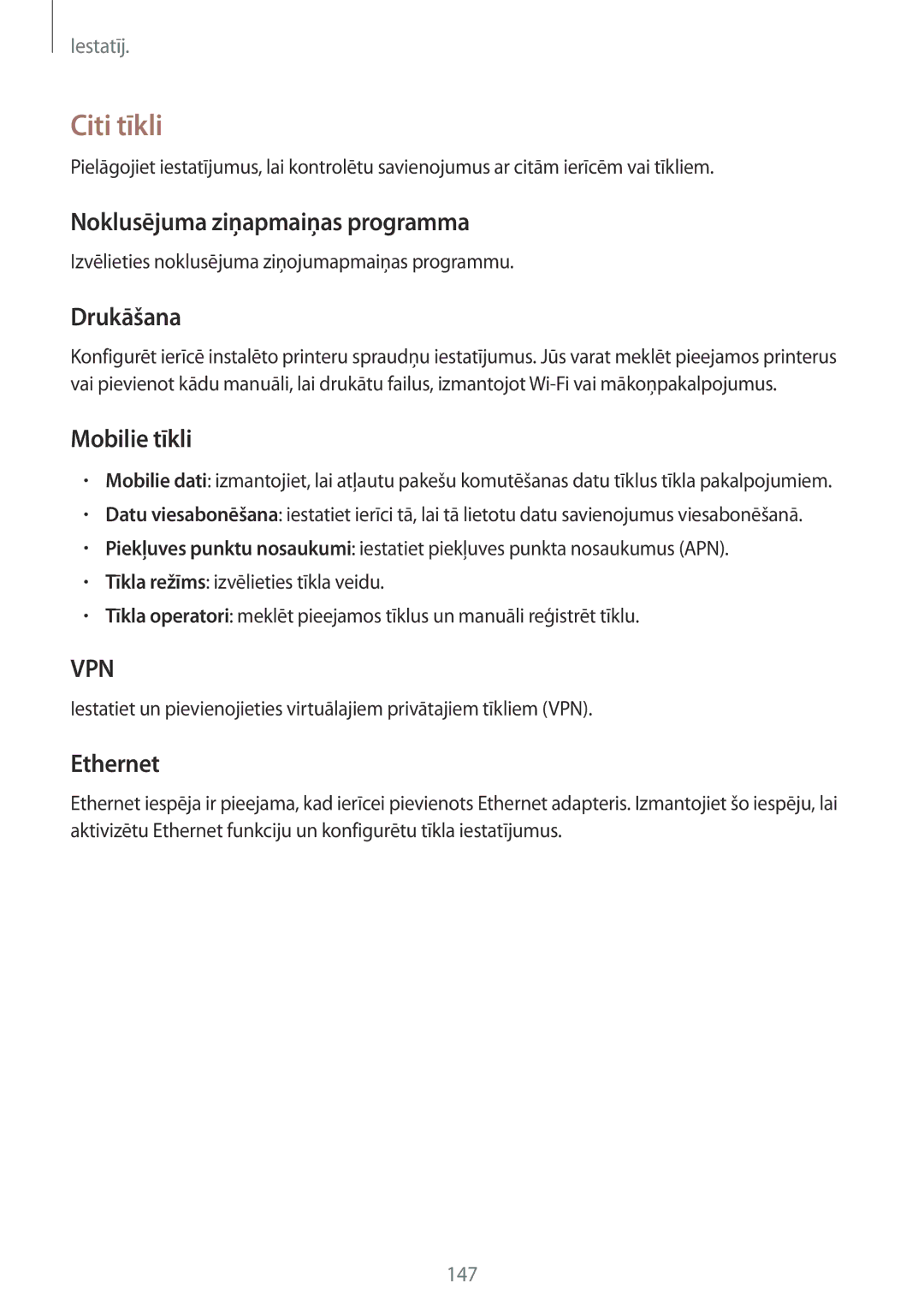 Samsung SM-P9050ZWASEB, SM-P9050ZKASEB Citi tīkli, Noklusējuma ziņapmaiņas programma, Drukāšana, Mobilie tīkli, Ethernet 