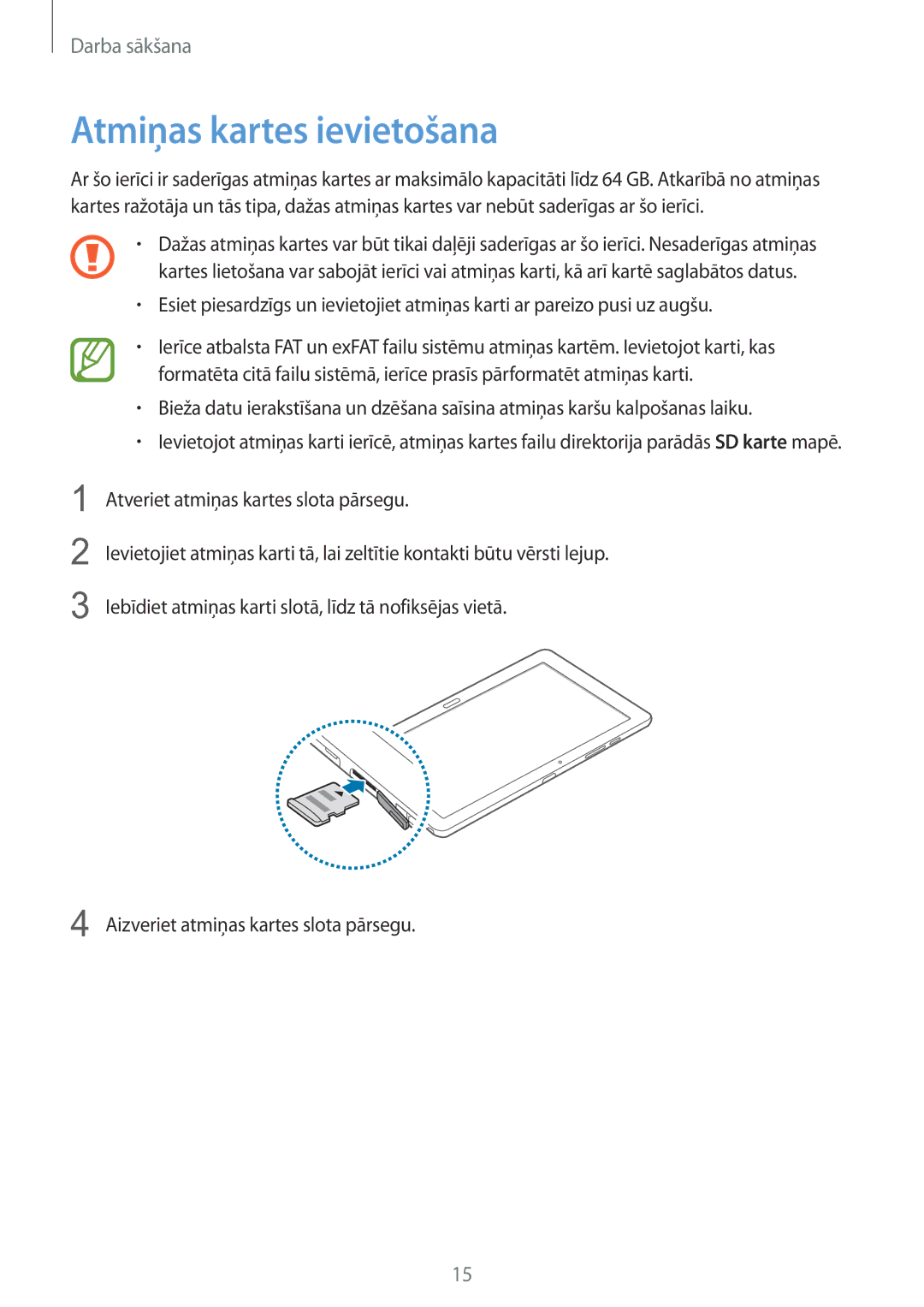 Samsung SM-P9050ZWASEB, SM-P9050ZKASEB manual Atmiņas kartes ievietošana 