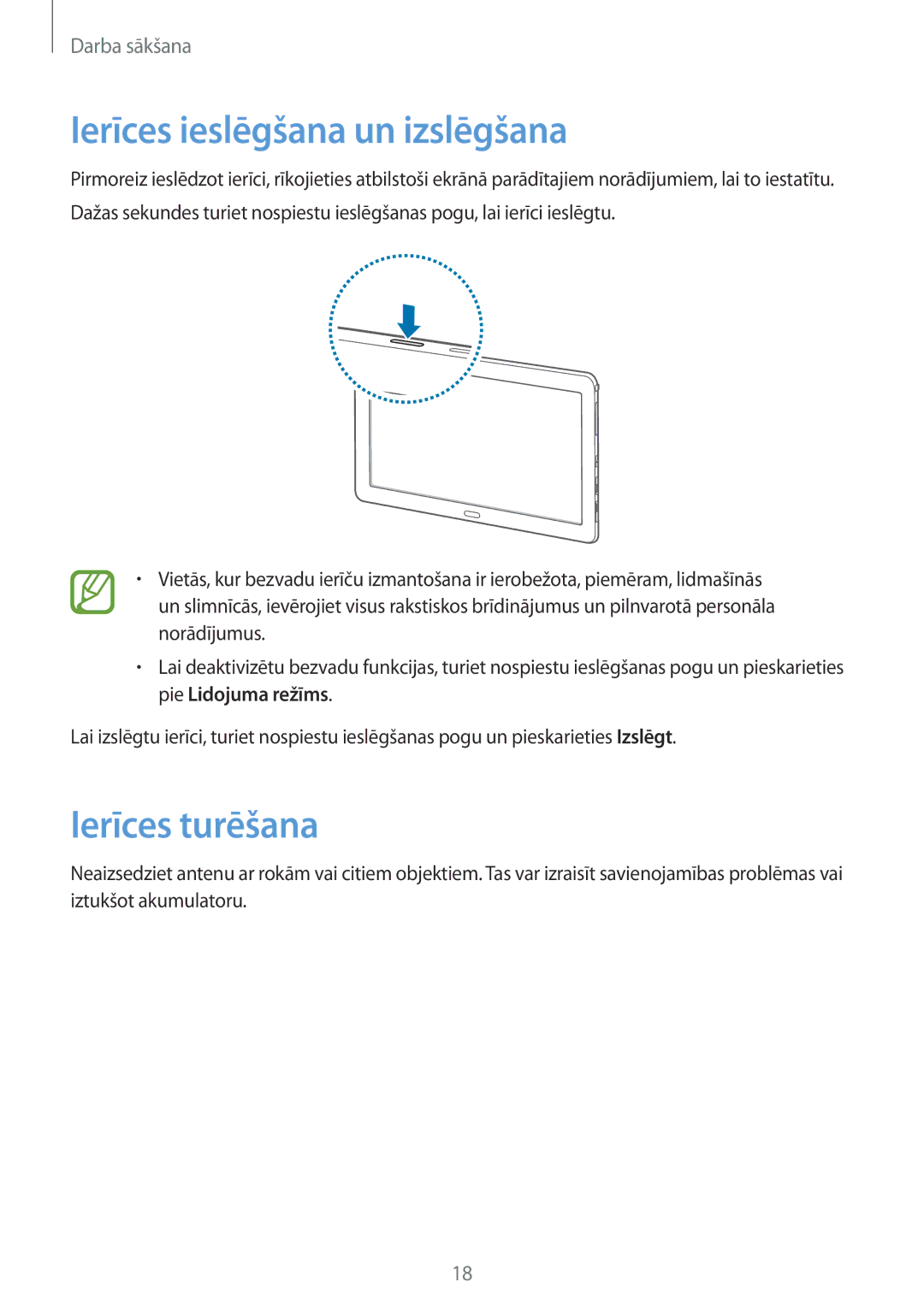 Samsung SM-P9050ZKASEB, SM-P9050ZWASEB manual Ierīces ieslēgšana un izslēgšana, Ierīces turēšana 