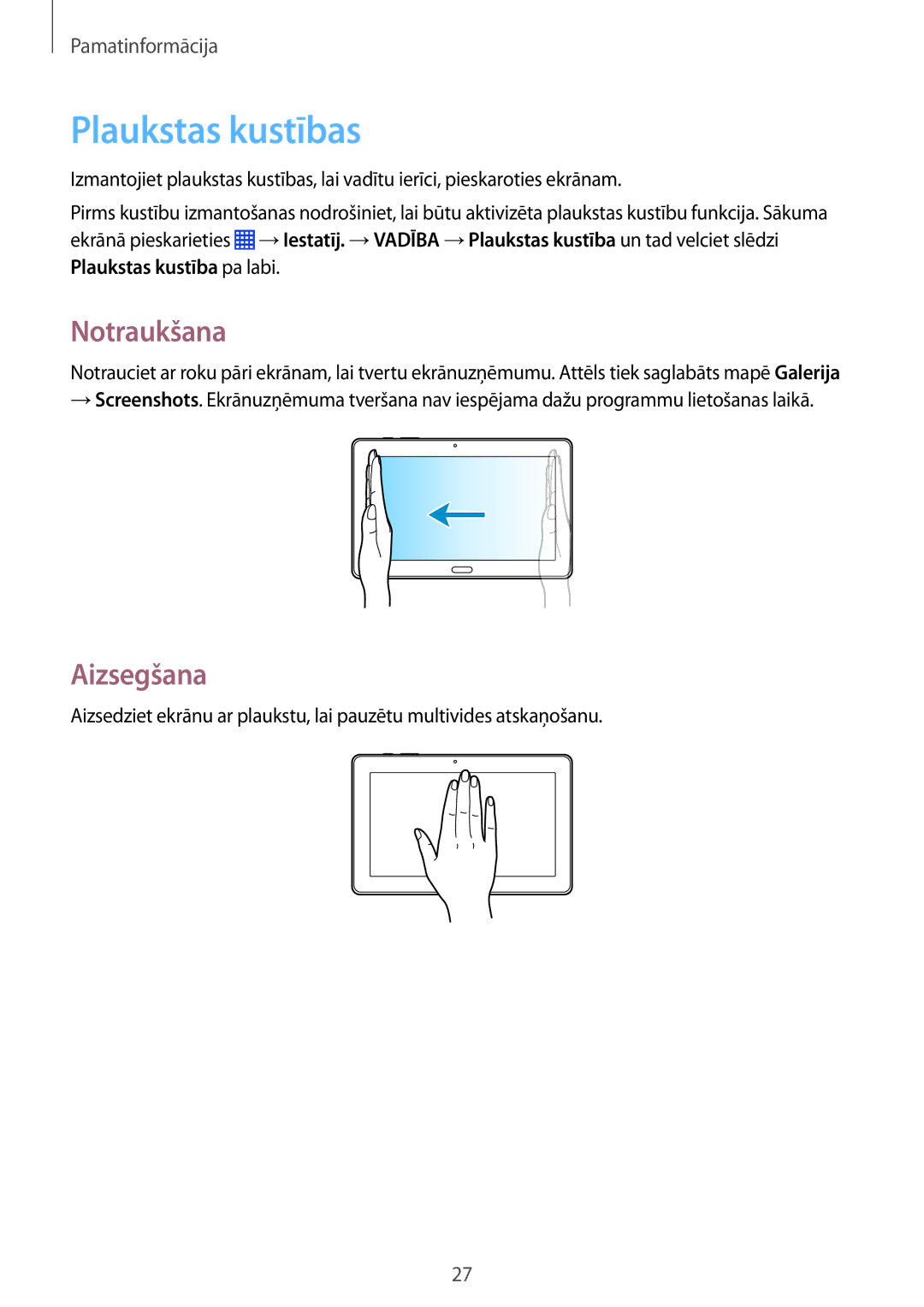 Samsung SM-P9050ZWASEB, SM-P9050ZKASEB manual Plaukstas kustības, Notraukšana, Aizsegšana 