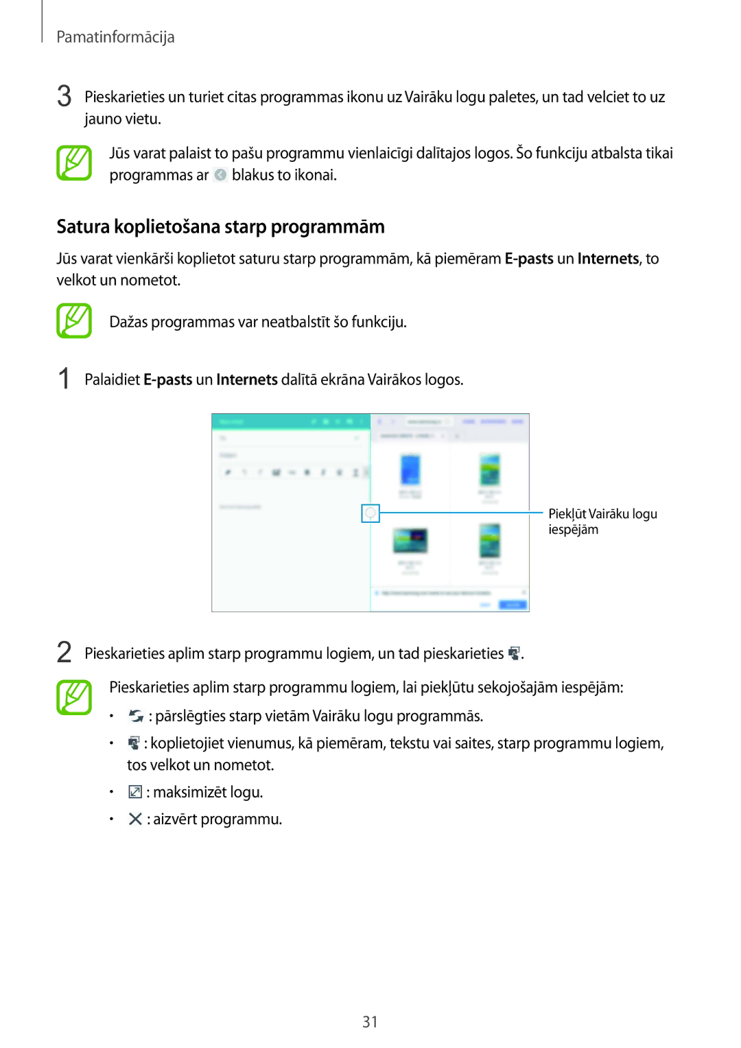 Samsung SM-P9050ZWASEB, SM-P9050ZKASEB manual Satura koplietošana starp programmām 