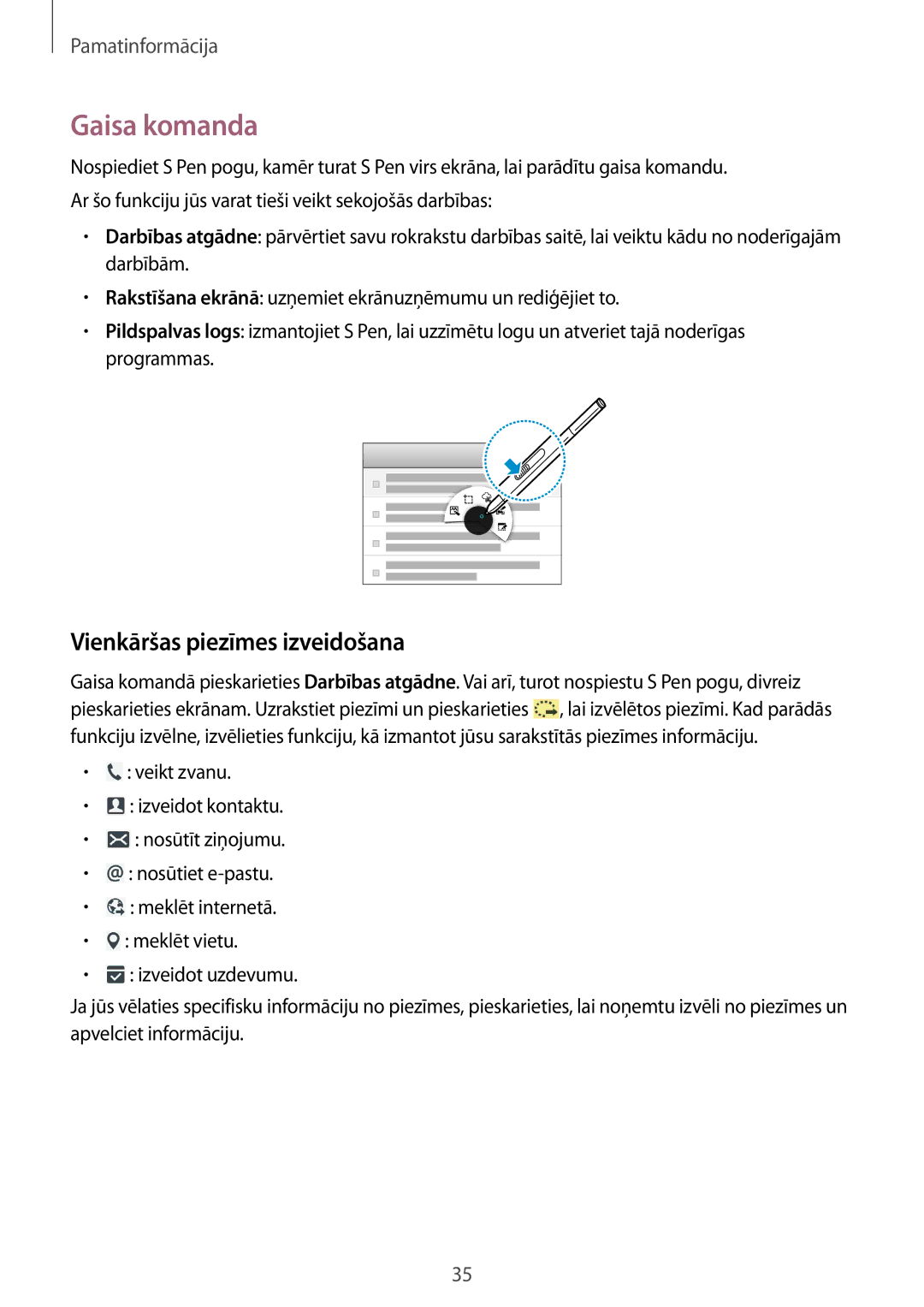 Samsung SM-P9050ZWASEB, SM-P9050ZKASEB manual Gaisa komanda, Vienkāršas piezīmes izveidošana 