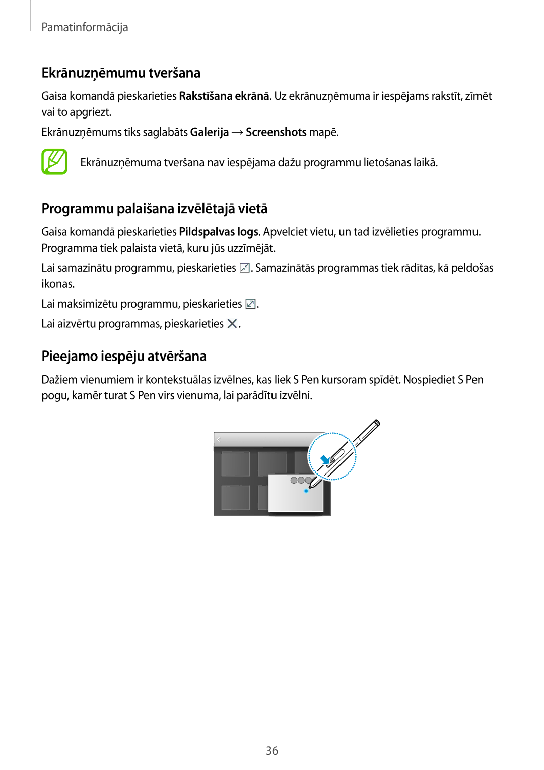 Samsung SM-P9050ZKASEB manual Ekrānuzņēmumu tveršana, Programmu palaišana izvēlētajā vietā, Pieejamo iespēju atvēršana 