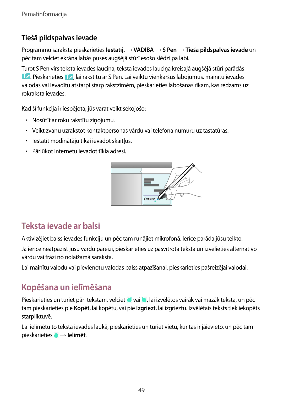 Samsung SM-P9050ZWASEB, SM-P9050ZKASEB manual Teksta ievade ar balsi, Kopēšana un ielīmēšana, Tiešā pildspalvas ievade 