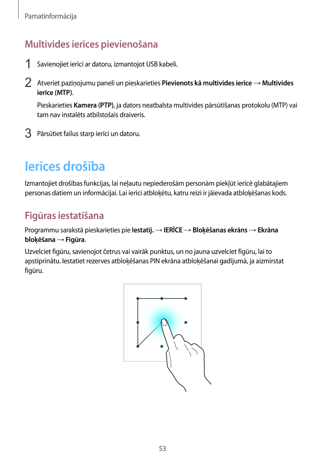 Samsung SM-P9050ZWASEB, SM-P9050ZKASEB manual Ierīces drošība, Multivides ierīces pievienošana, Figūras iestatīšana 