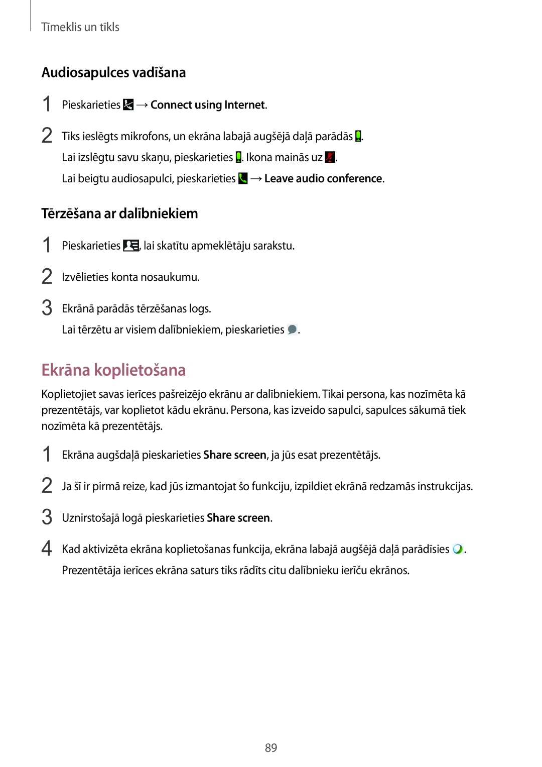 Samsung SM-P9050ZWASEB manual Ekrāna koplietošana, Audiosapulces vadīšana, Tērzēšana ar dalībniekiem, Ikona mainās uz 