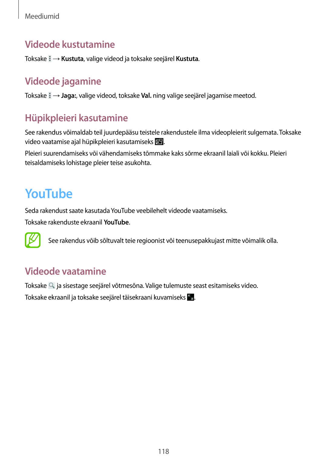 Samsung SM-P9050ZKASEB manual YouTube, Videode kustutamine, Videode jagamine, Hüpikpleieri kasutamine, Videode vaatamine 
