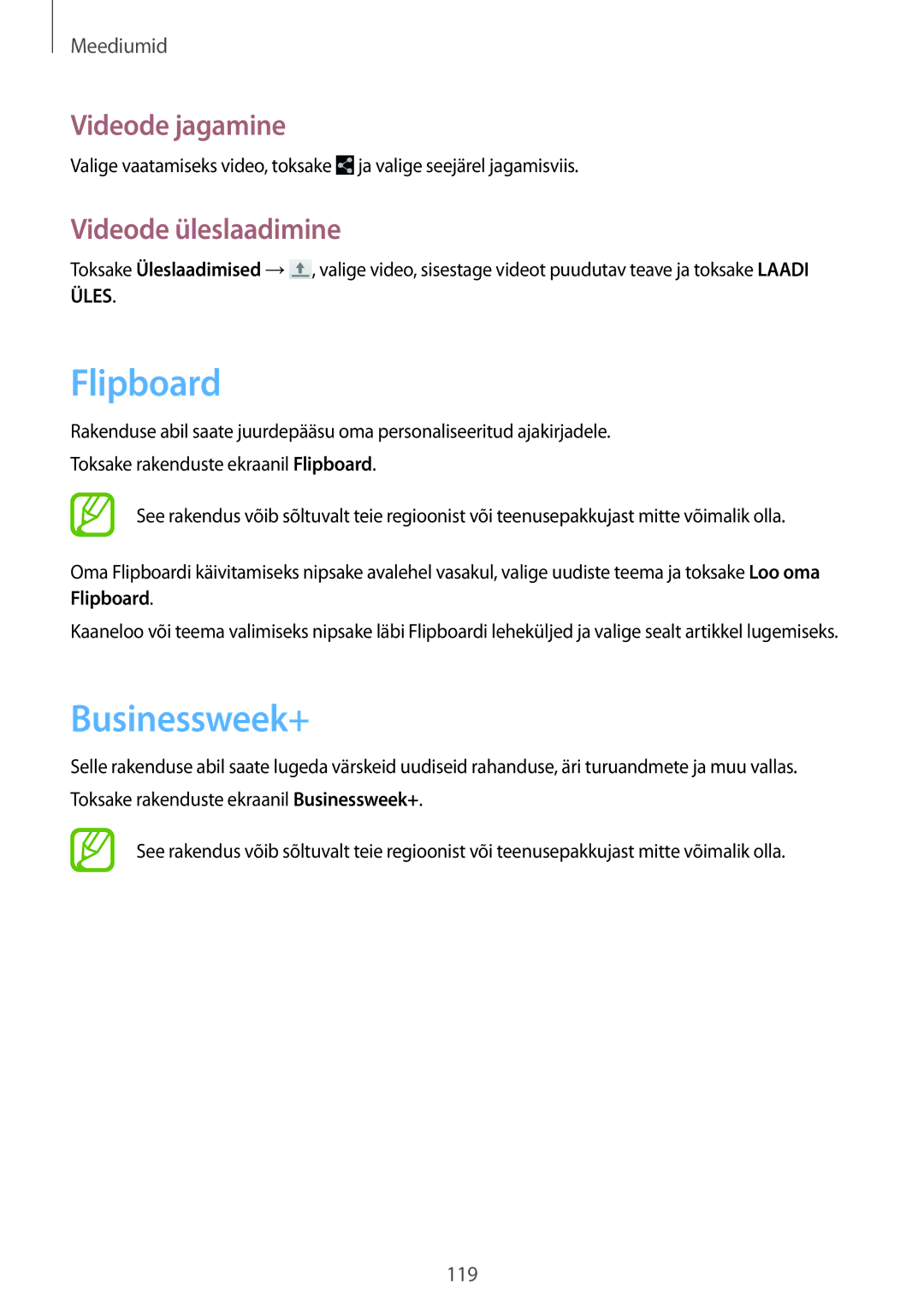 Samsung SM-P9050ZWASEB, SM-P9050ZKASEB manual Flipboard, Businessweek+, Videode üleslaadimine 