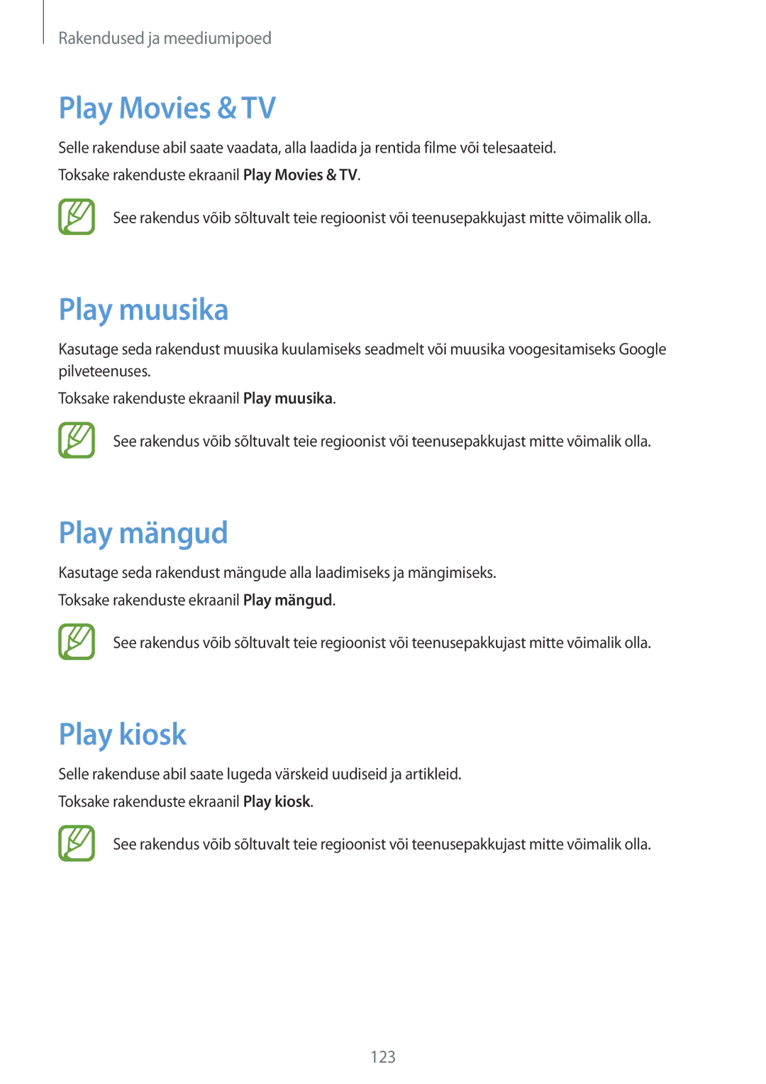 Samsung SM-P9050ZWASEB, SM-P9050ZKASEB manual Play Movies & TV, Play muusika, Play mängud, Play kiosk 
