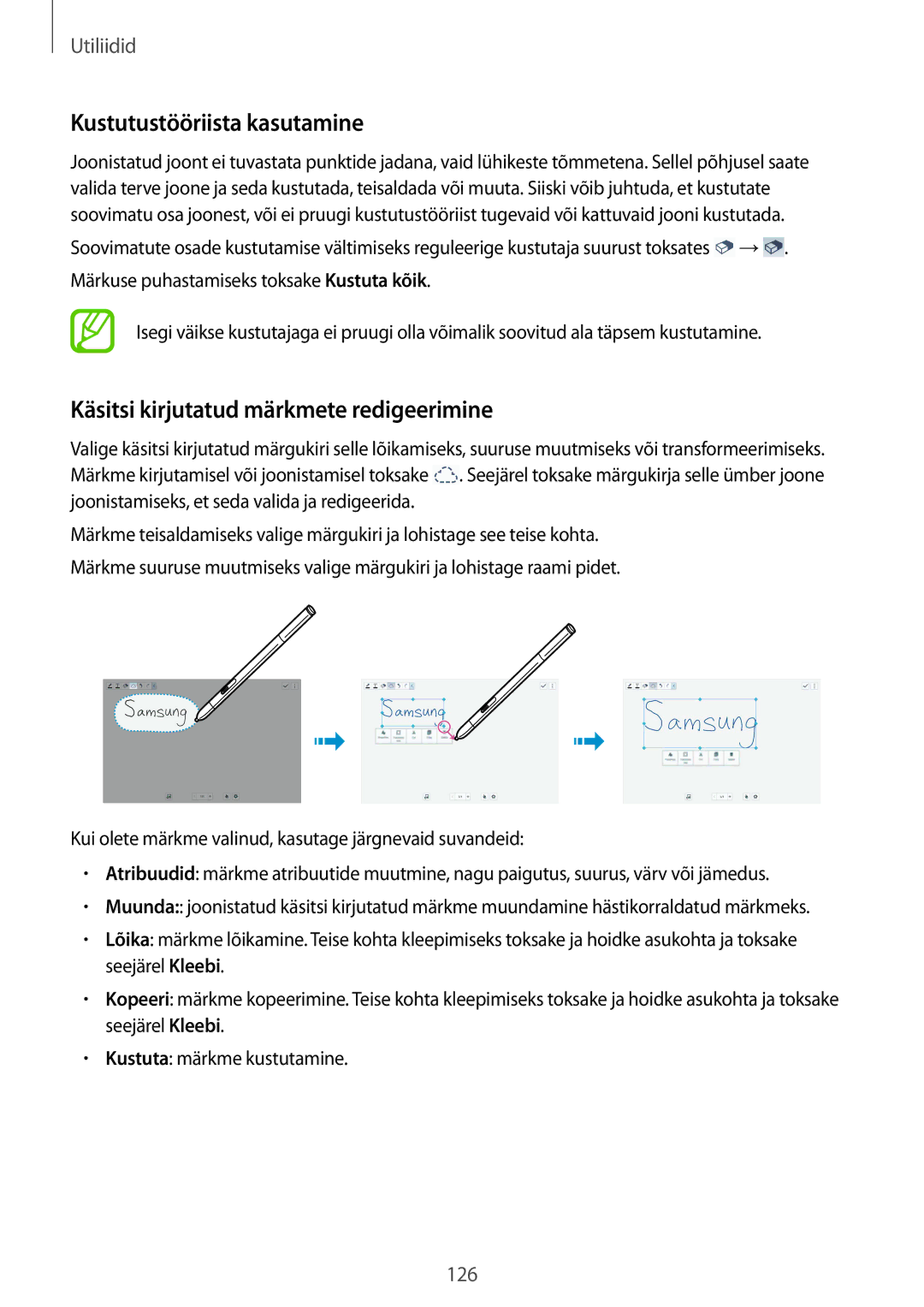 Samsung SM-P9050ZKASEB, SM-P9050ZWASEB manual Kustutustööriista kasutamine, Käsitsi kirjutatud märkmete redigeerimine 