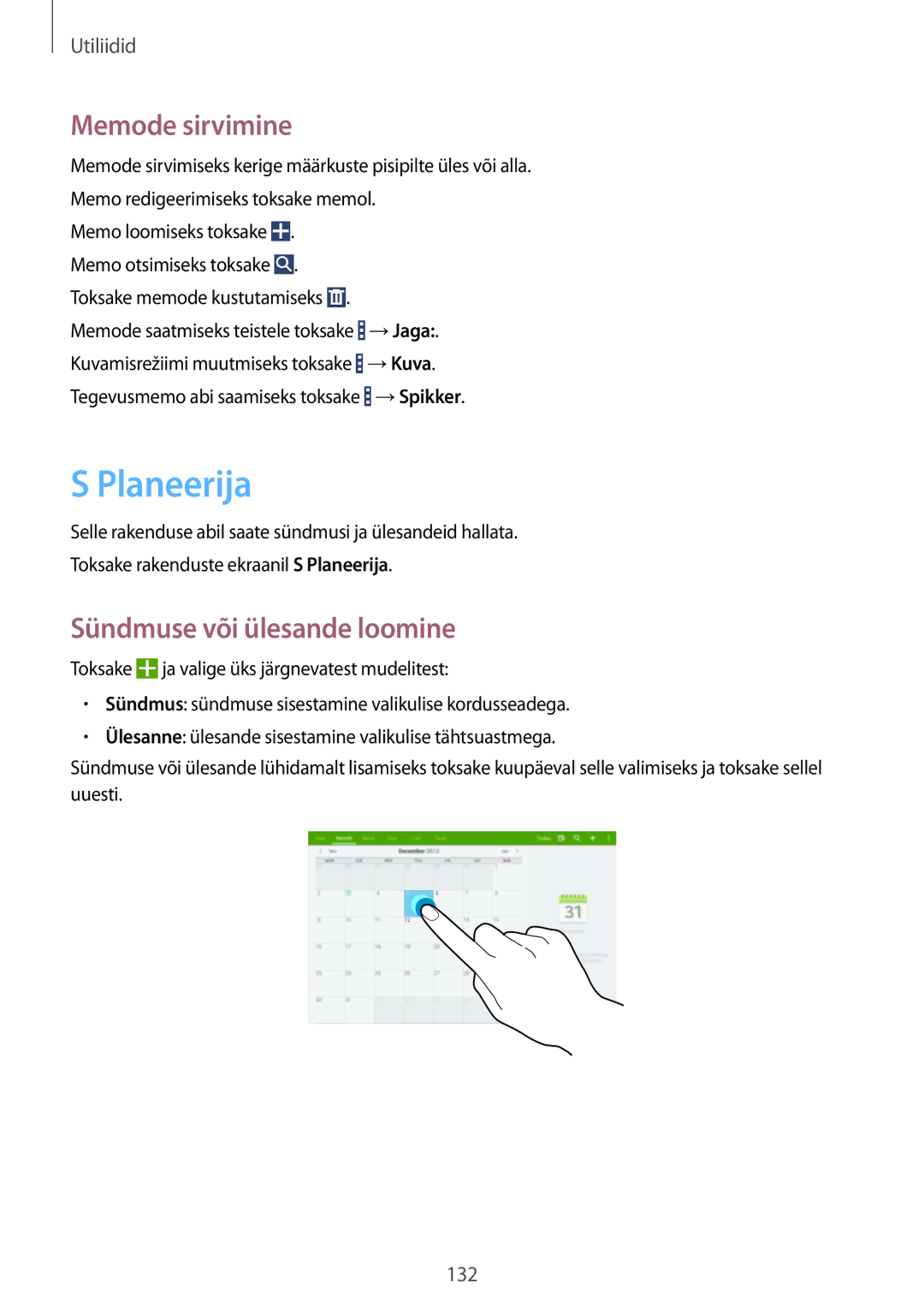 Samsung SM-P9050ZKASEB, SM-P9050ZWASEB manual Planeerija, Memode sirvimine, Sündmuse või ülesande loomine 