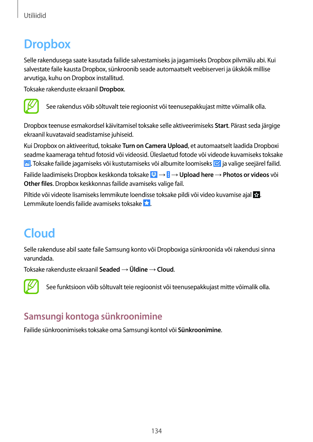 Samsung SM-P9050ZKASEB, SM-P9050ZWASEB manual Dropbox, Cloud, Samsungi kontoga sünkroonimine 