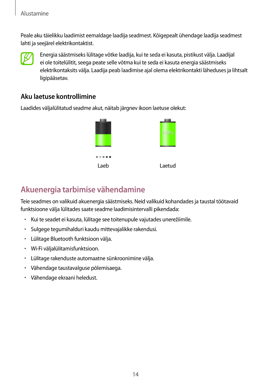 Samsung SM-P9050ZKASEB, SM-P9050ZWASEB manual Akuenergia tarbimise vähendamine, Aku laetuse kontrollimine 