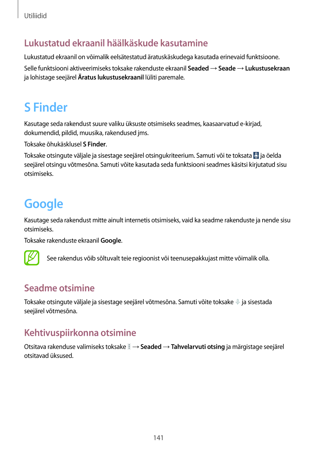 Samsung SM-P9050ZWASEB, SM-P9050ZKASEB manual Finder, Google, Lukustatud ekraanil häälkäskude kasutamine, Seadme otsimine 