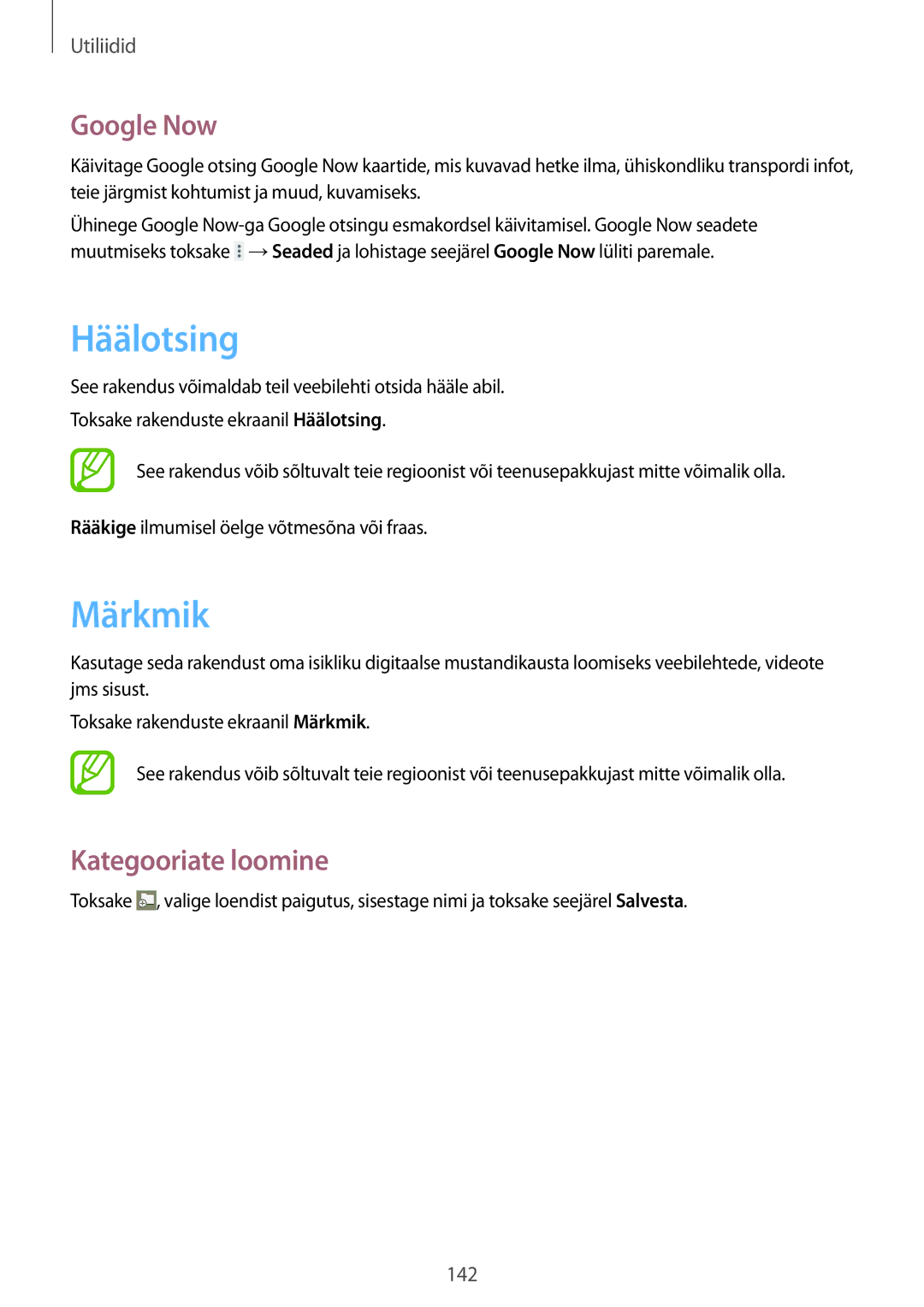 Samsung SM-P9050ZKASEB, SM-P9050ZWASEB manual Häälotsing, Märkmik, Google Now, Kategooriate loomine 