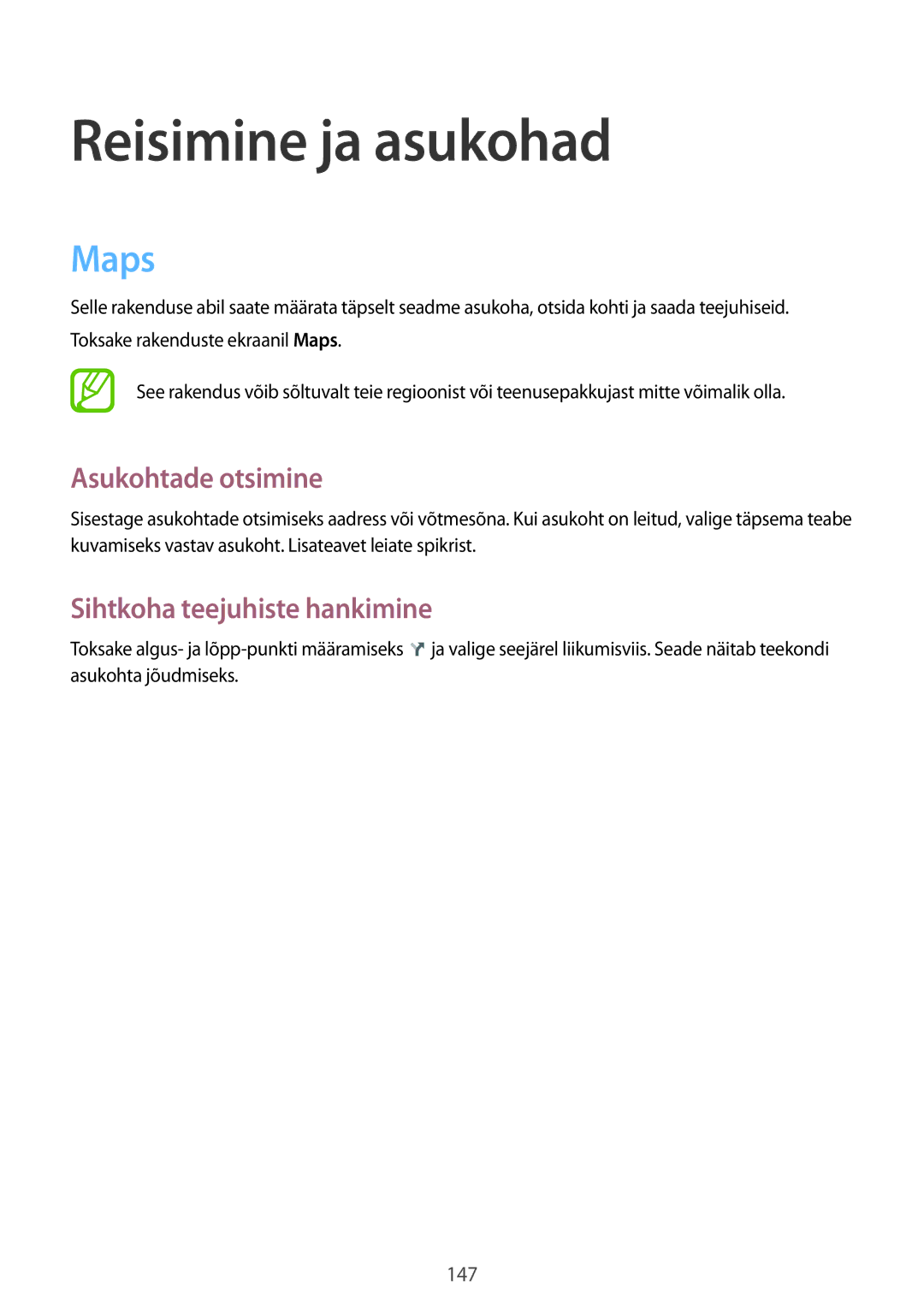 Samsung SM-P9050ZWASEB, SM-P9050ZKASEB manual Maps, Asukohtade otsimine, Sihtkoha teejuhiste hankimine 