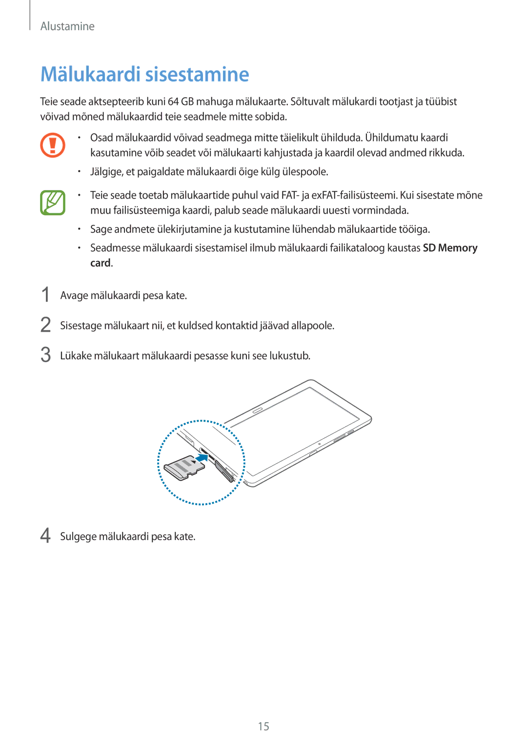 Samsung SM-P9050ZWASEB, SM-P9050ZKASEB manual Mälukaardi sisestamine 