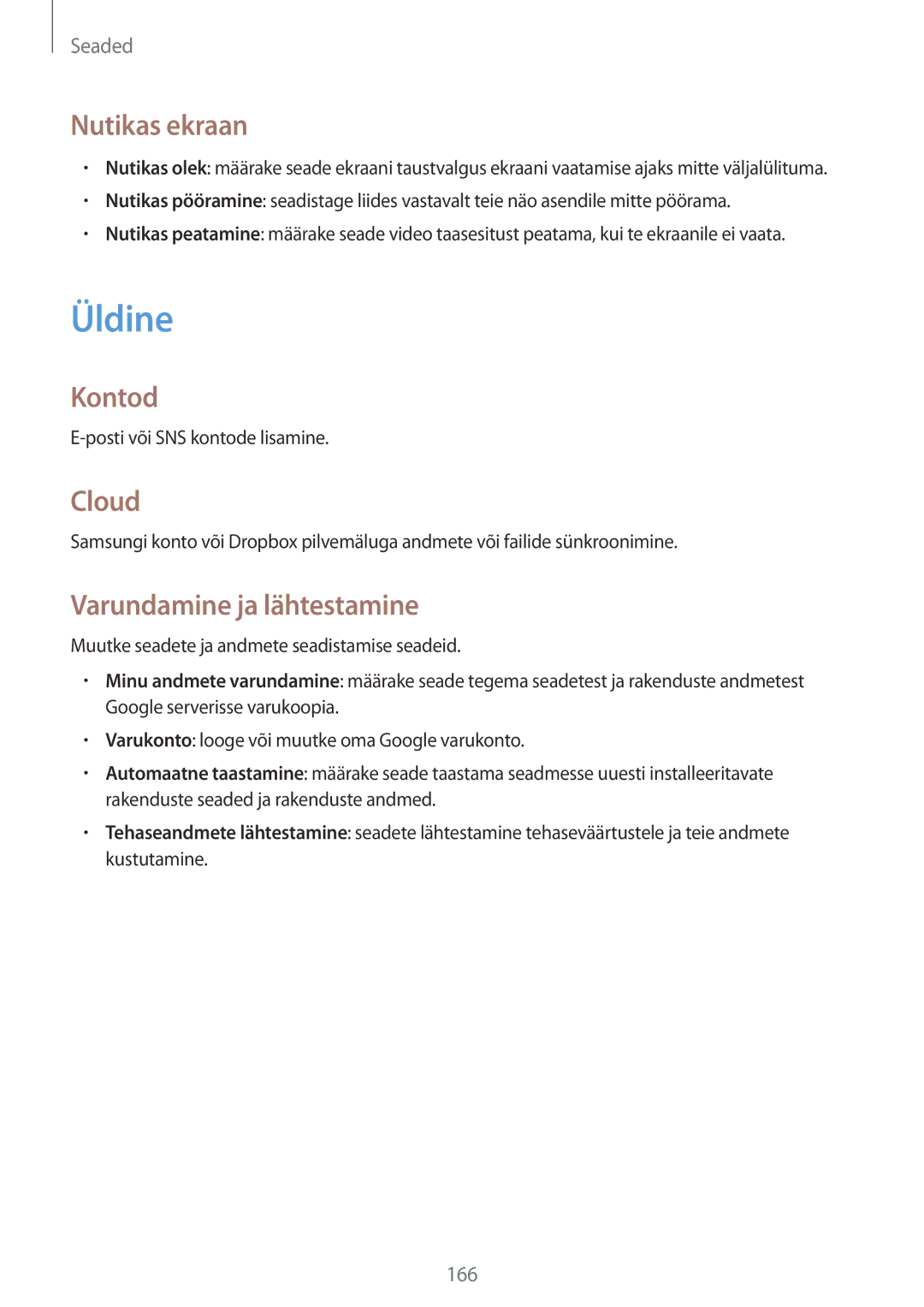 Samsung SM-P9050ZKASEB, SM-P9050ZWASEB manual Üldine, Nutikas ekraan, Kontod, Cloud, Varundamine ja lähtestamine 