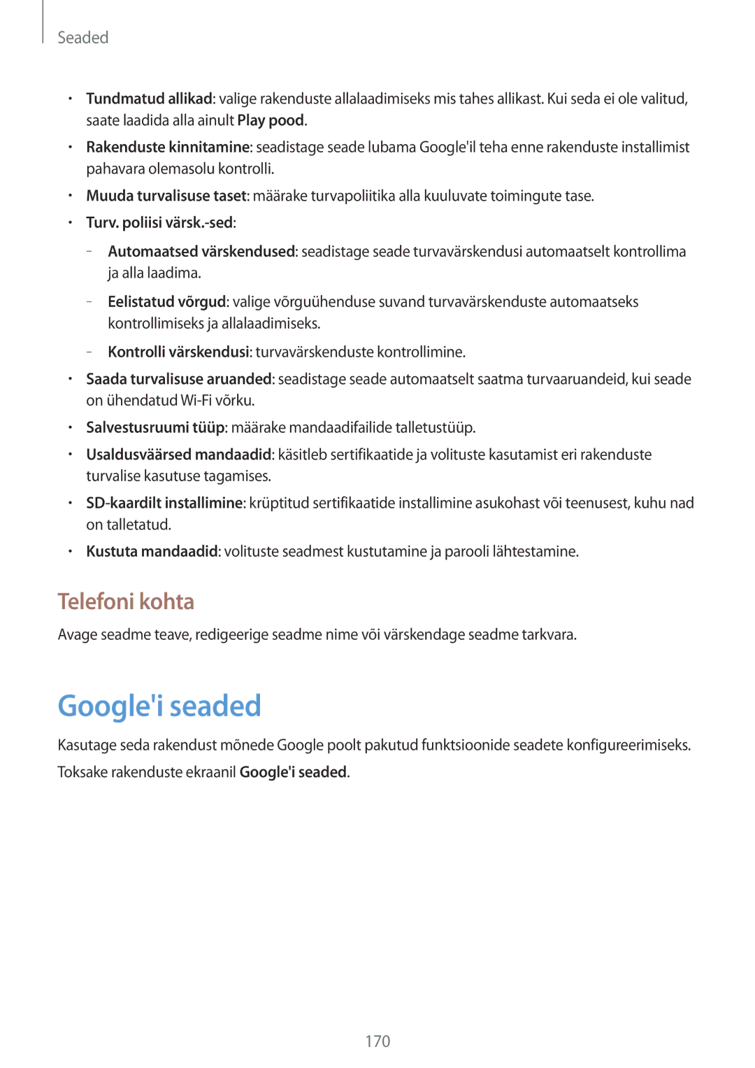 Samsung SM-P9050ZKASEB, SM-P9050ZWASEB manual Googlei seaded, Telefoni kohta, Turv. poliisi värsk.-sed 