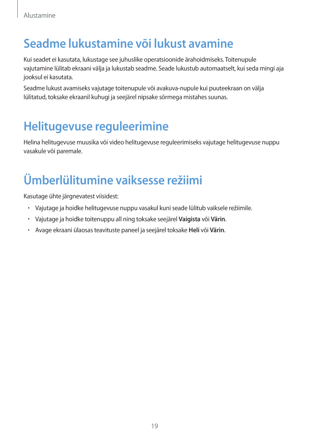 Samsung SM-P9050ZWASEB, SM-P9050ZKASEB manual Seadme lukustamine või lukust avamine, Helitugevuse reguleerimine 