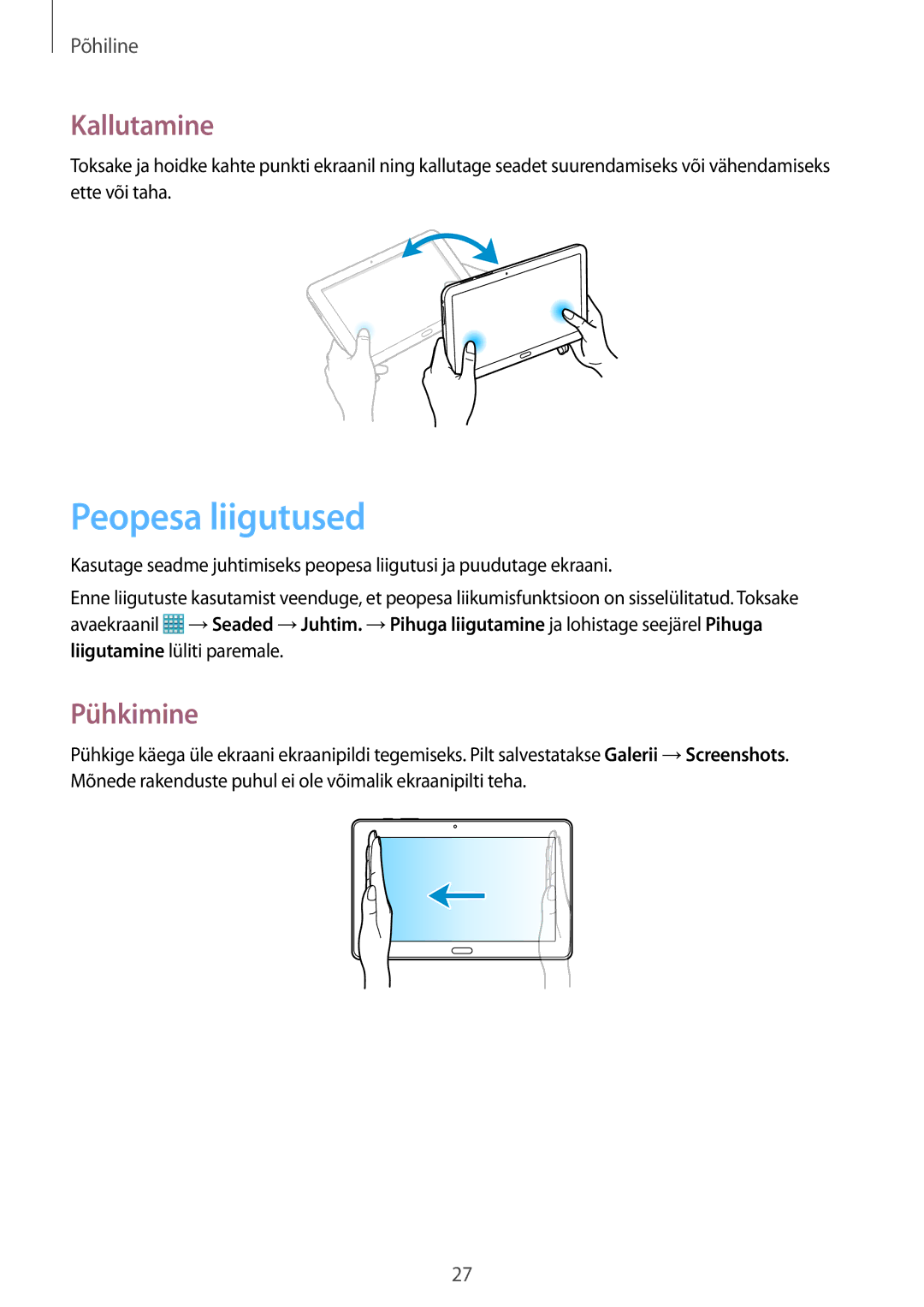 Samsung SM-P9050ZWASEB, SM-P9050ZKASEB manual Peopesa liigutused, Kallutamine, Pühkimine 