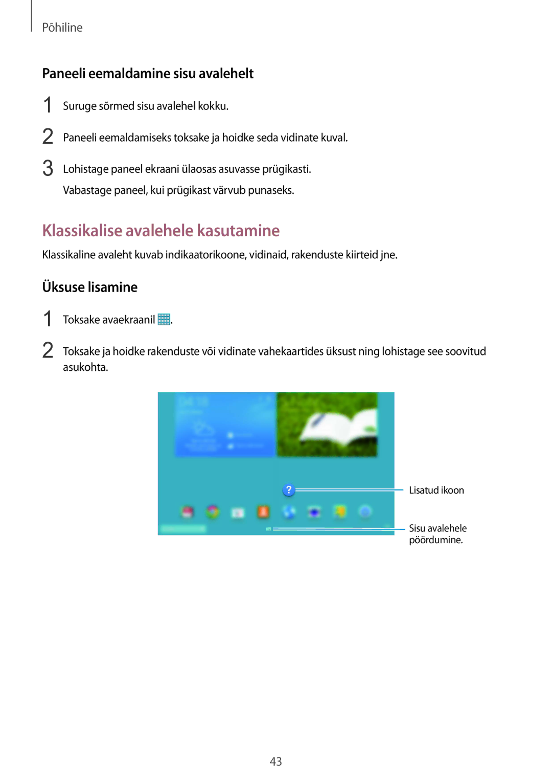 Samsung SM-P9050ZWASEB manual Klassikalise avalehele kasutamine, Paneeli eemaldamine sisu avalehelt, Üksuse lisamine 