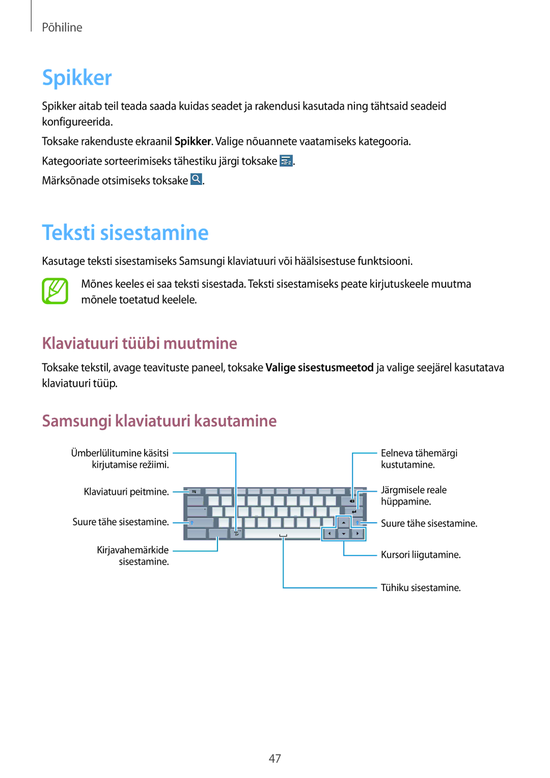 Samsung SM-P9050ZWASEB manual Spikker, Teksti sisestamine, Klaviatuuri tüübi muutmine, Samsungi klaviatuuri kasutamine 