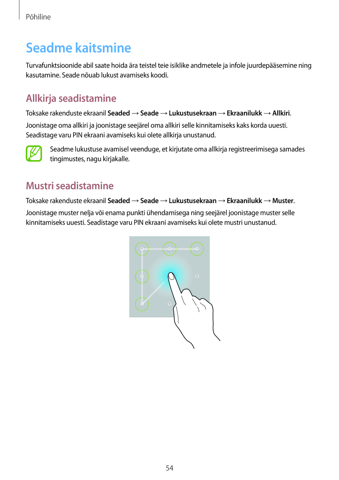 Samsung SM-P9050ZKASEB, SM-P9050ZWASEB manual Seadme kaitsmine, Allkirja seadistamine, Mustri seadistamine 