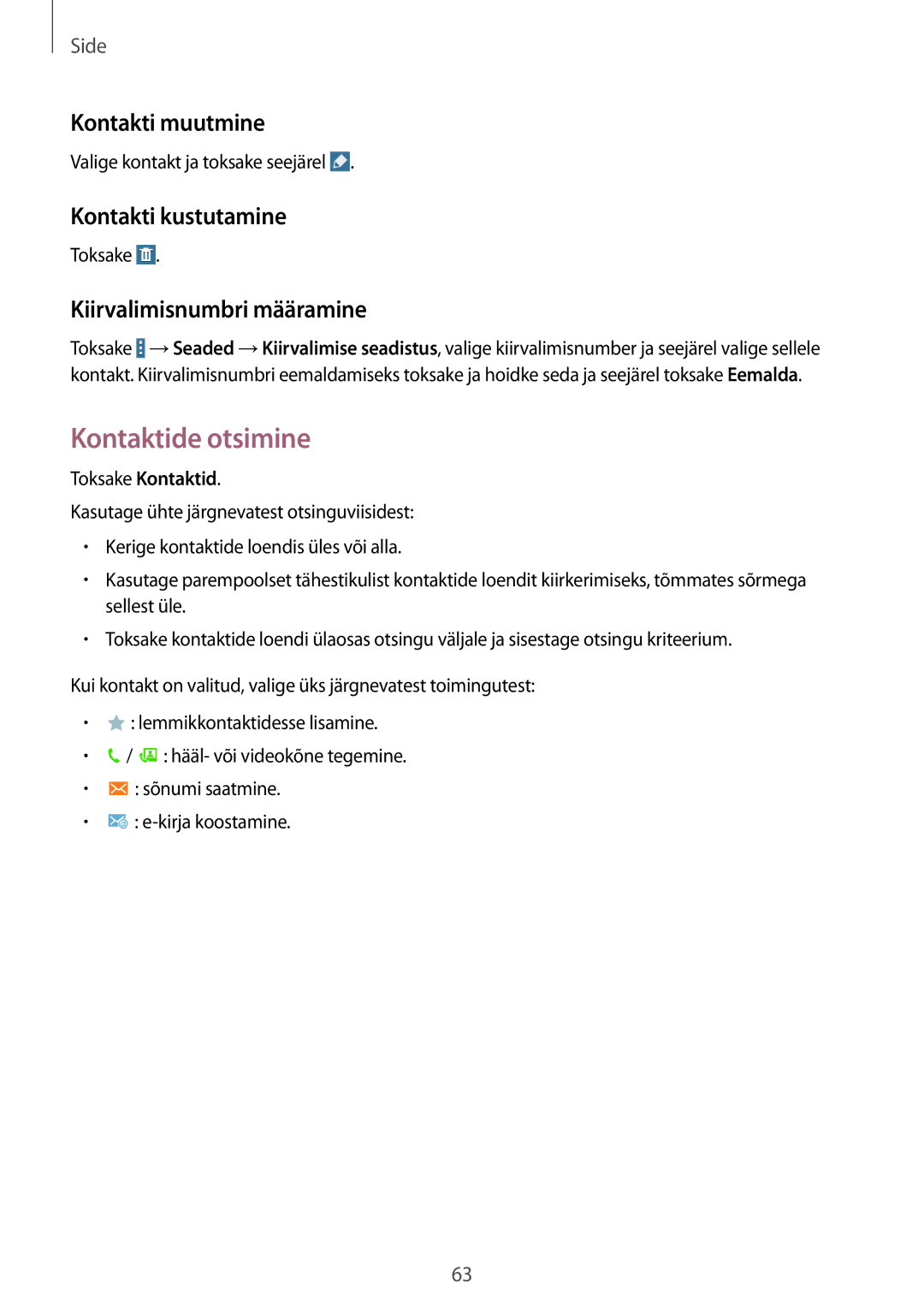 Samsung SM-P9050ZWASEB manual Kontaktide otsimine, Kontakti muutmine, Kontakti kustutamine, Kiirvalimisnumbri määramine 