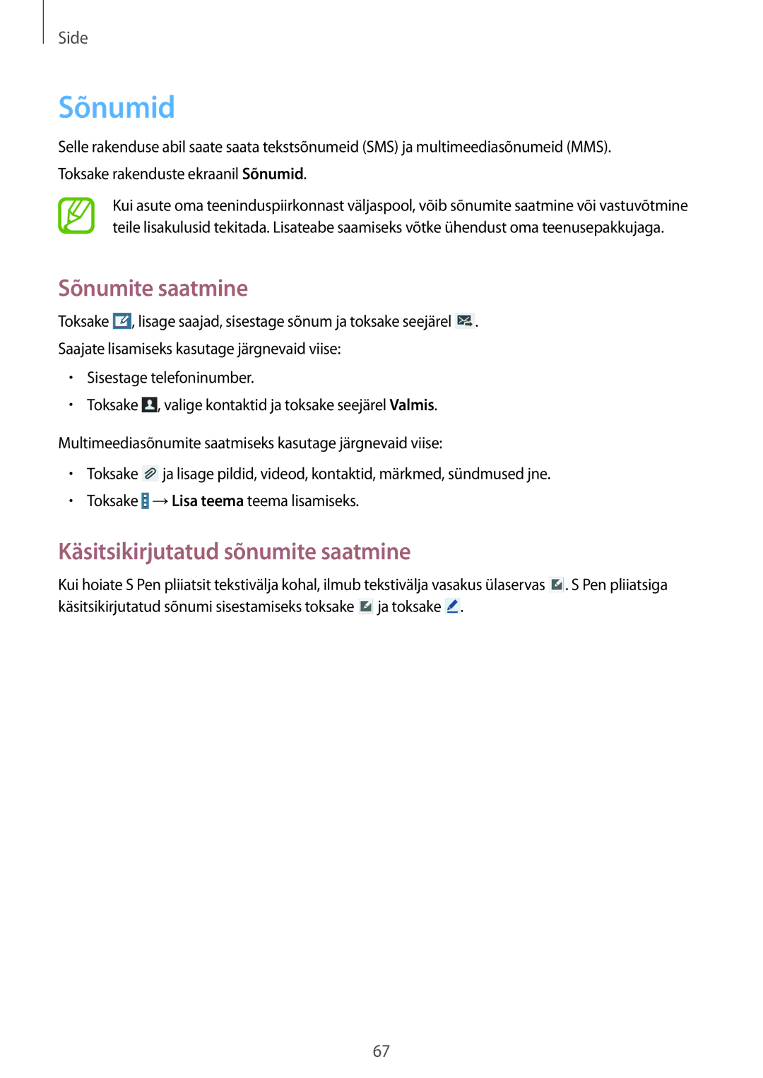 Samsung SM-P9050ZWASEB, SM-P9050ZKASEB manual Sõnumid, Sõnumite saatmine, Käsitsikirjutatud sõnumite saatmine 