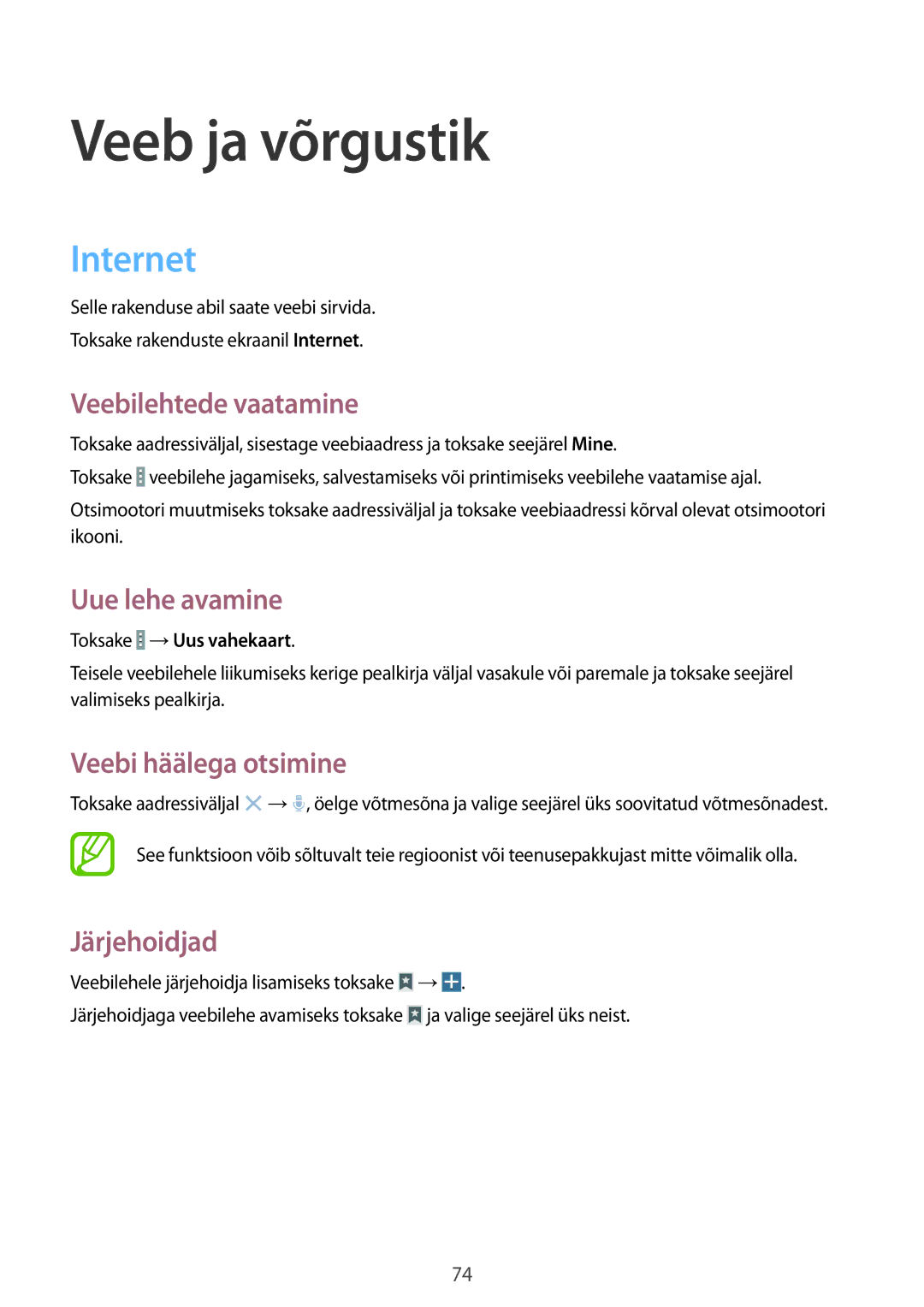 Samsung SM-P9050ZKASEB manual Internet, Veebilehtede vaatamine, Uue lehe avamine, Veebi häälega otsimine, Järjehoidjad 