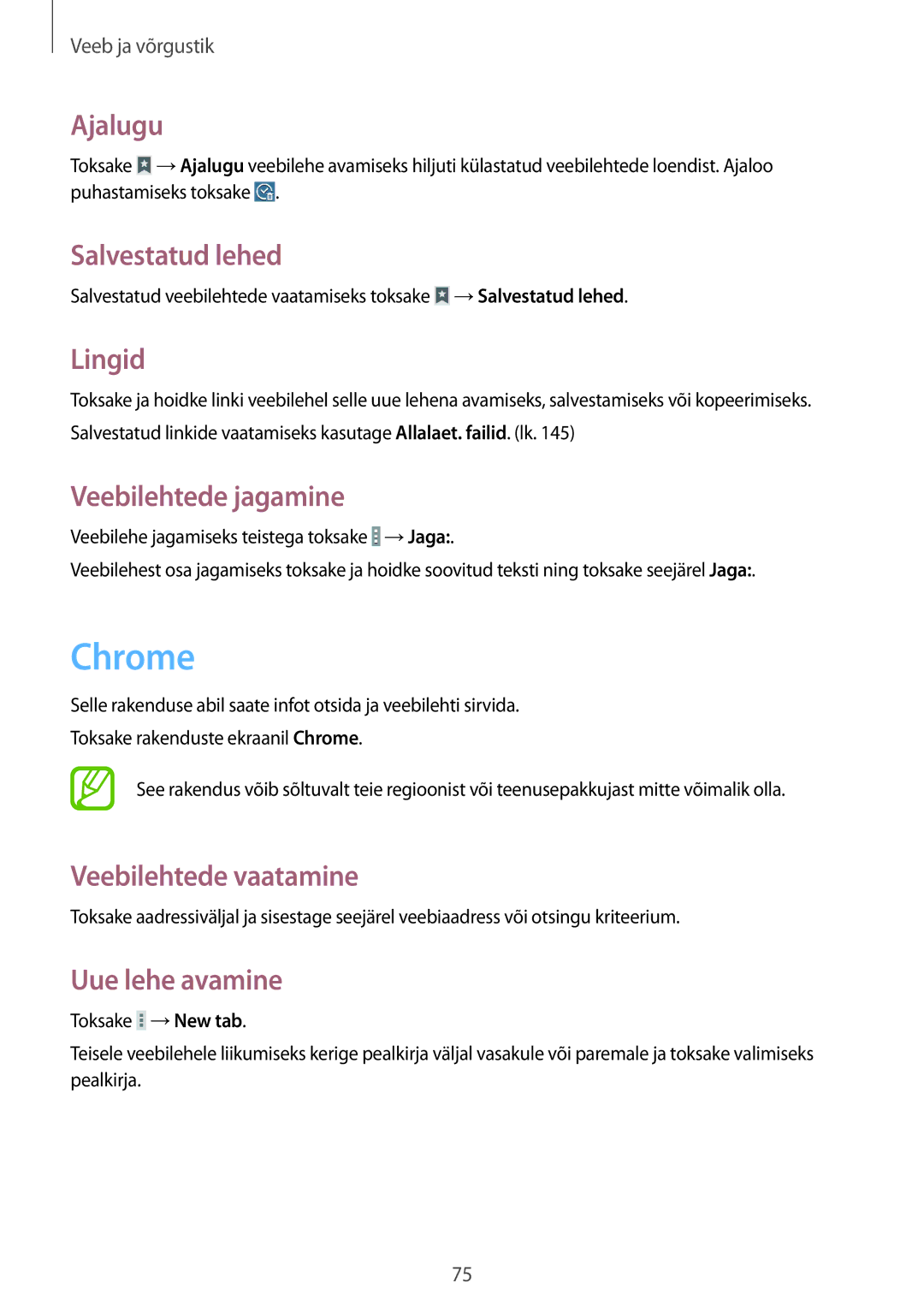 Samsung SM-P9050ZWASEB, SM-P9050ZKASEB manual Chrome, Ajalugu, Salvestatud lehed, Lingid, Veebilehtede jagamine 