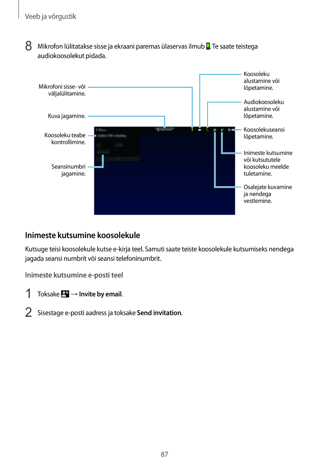 Samsung SM-P9050ZWASEB, SM-P9050ZKASEB manual Inimeste kutsumine koosolekule, Toksake →Invite by email 