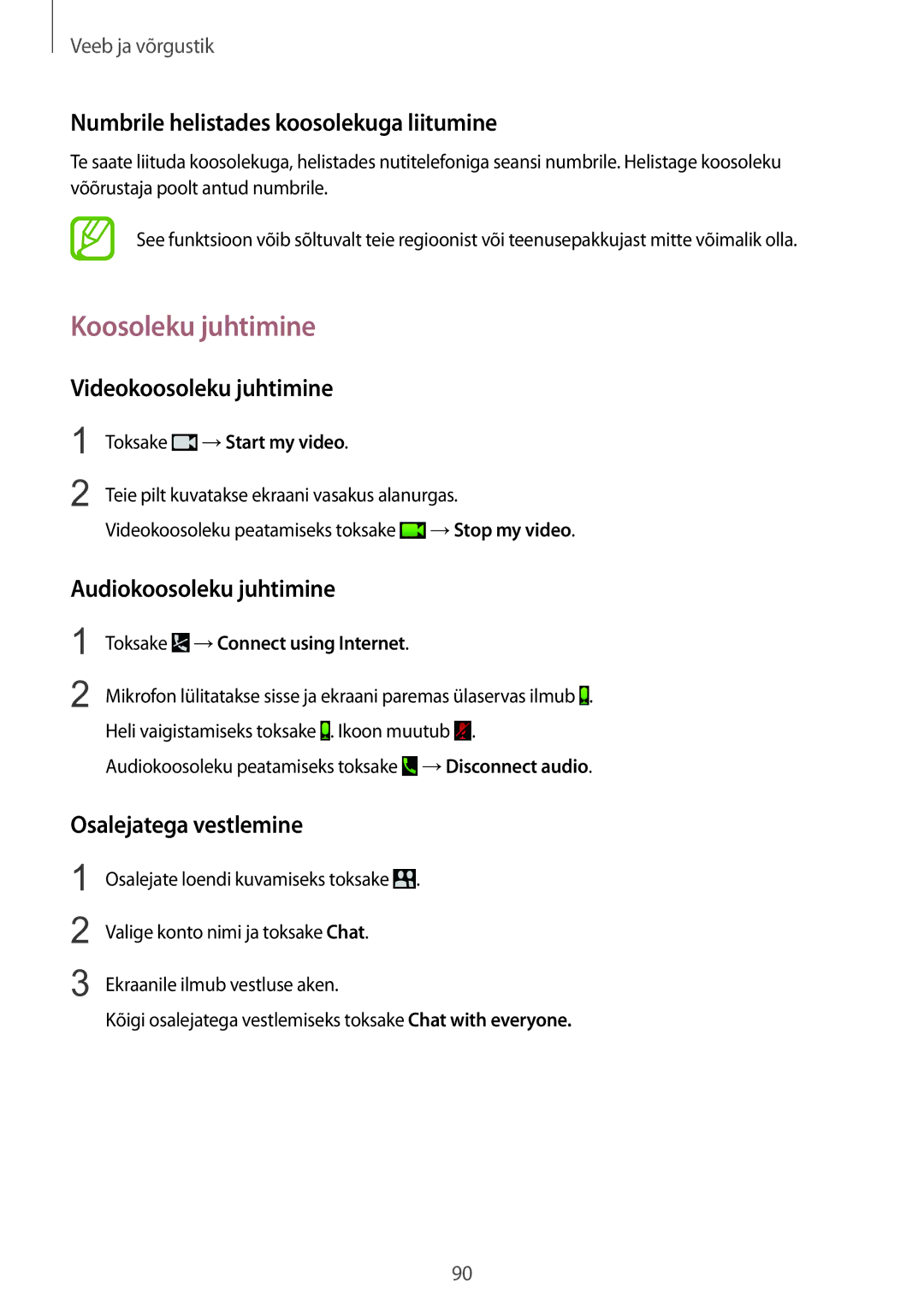 Samsung SM-P9050ZKASEB manual Koosoleku juhtimine, Numbrile helistades koosolekuga liitumine, Videokoosoleku juhtimine 