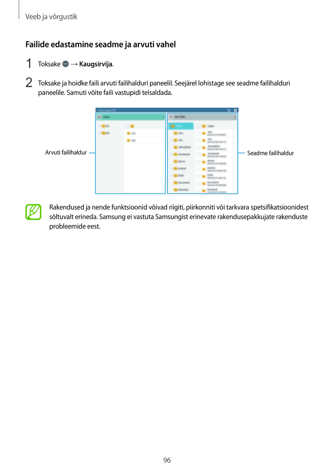 Samsung SM-P9050ZKASEB, SM-P9050ZWASEB manual Failide edastamine seadme ja arvuti vahel, Toksake →Kaugsirvija 