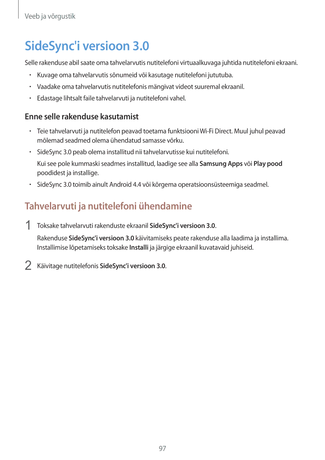 Samsung SM-P9050ZWASEB, SM-P9050ZKASEB manual SideSynci versioon, Tahvelarvuti ja nutitelefoni ühendamine 