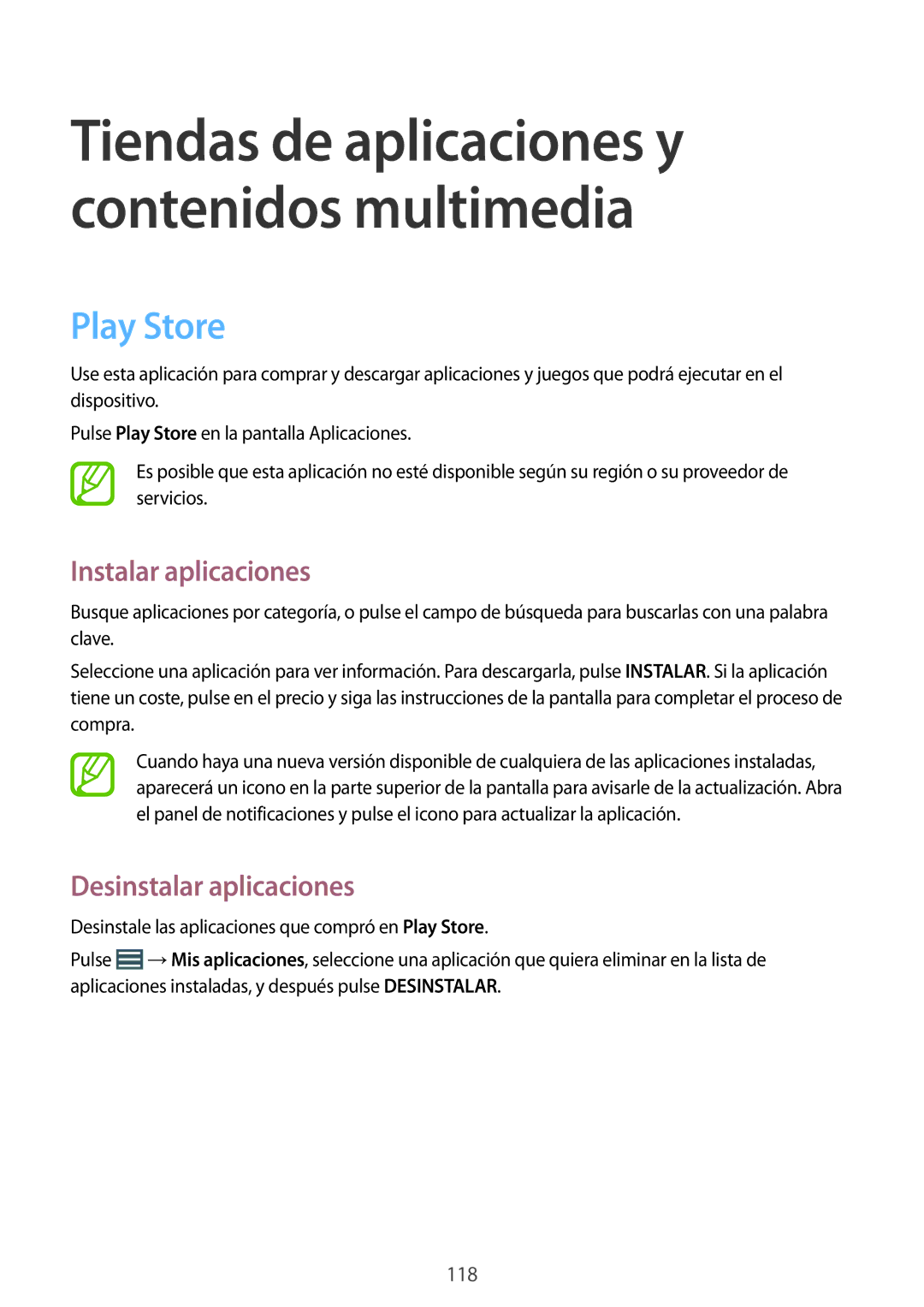 Samsung SM-P9050ZKAPHE, SM-P9050ZKATPH, SM-P9050ZWATPH manual Tiendas de aplicaciones y contenidos multimedia, Play Store 