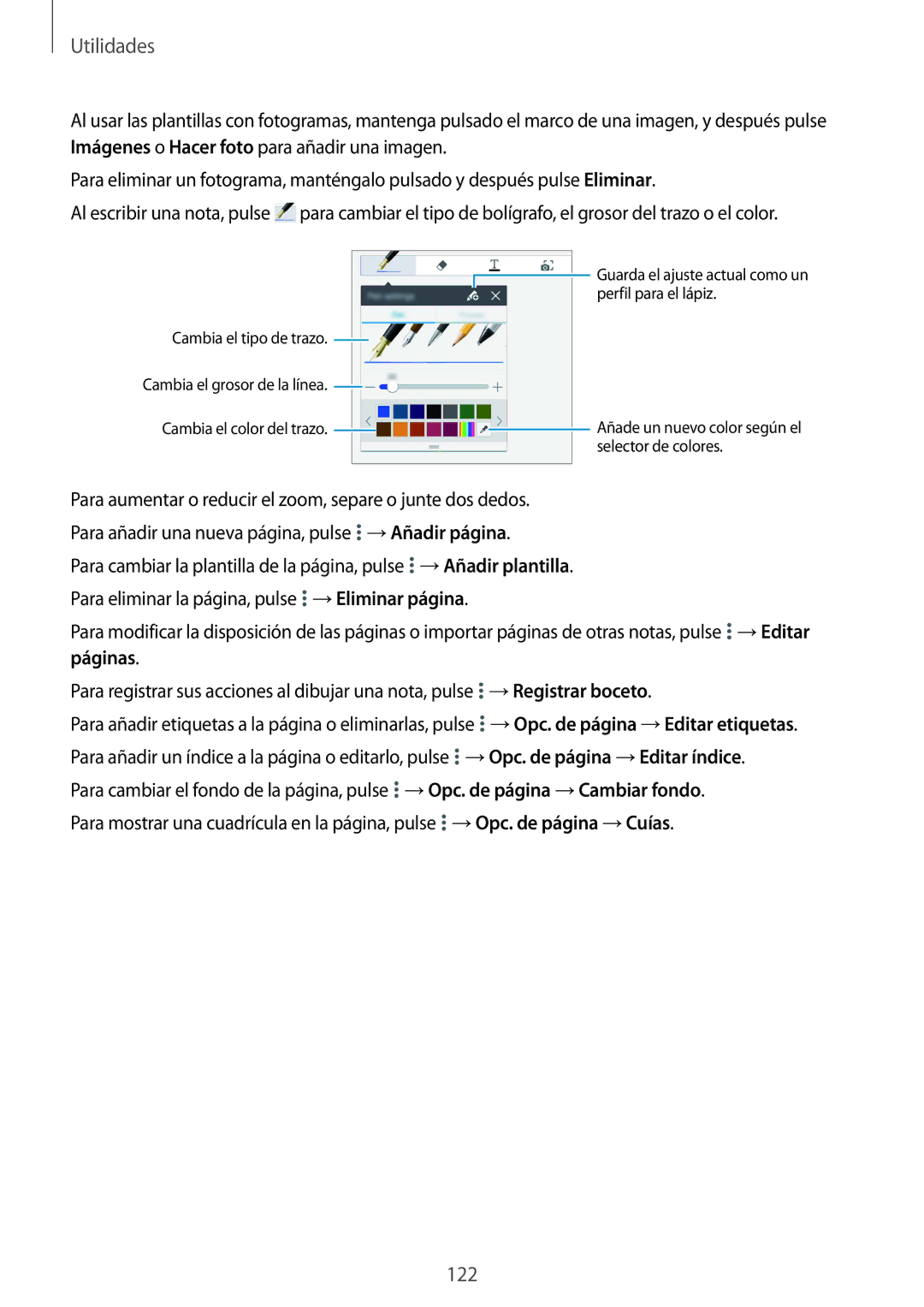 Samsung SM-P9050ZKAXSK, SM-P9050ZKATPH manual →Registrar boceto, →Opc. de página →Editar índice, →Opc. de página →Cuías 